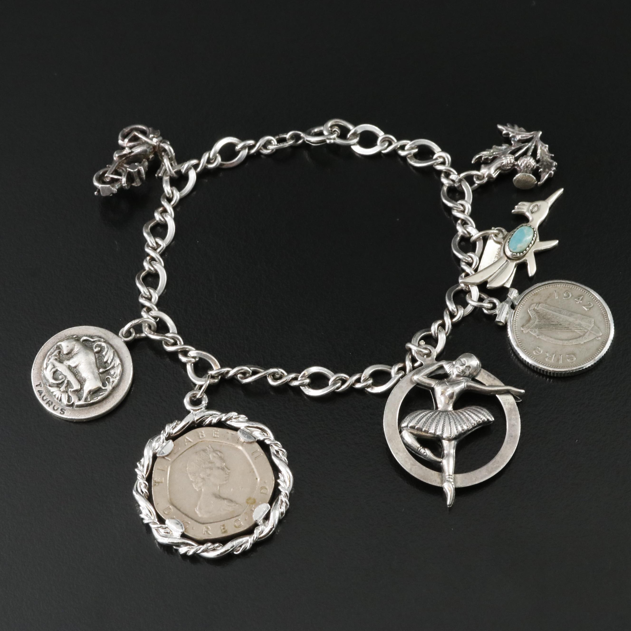 Vintage Sterling Charm Bracelet with Coin Charms