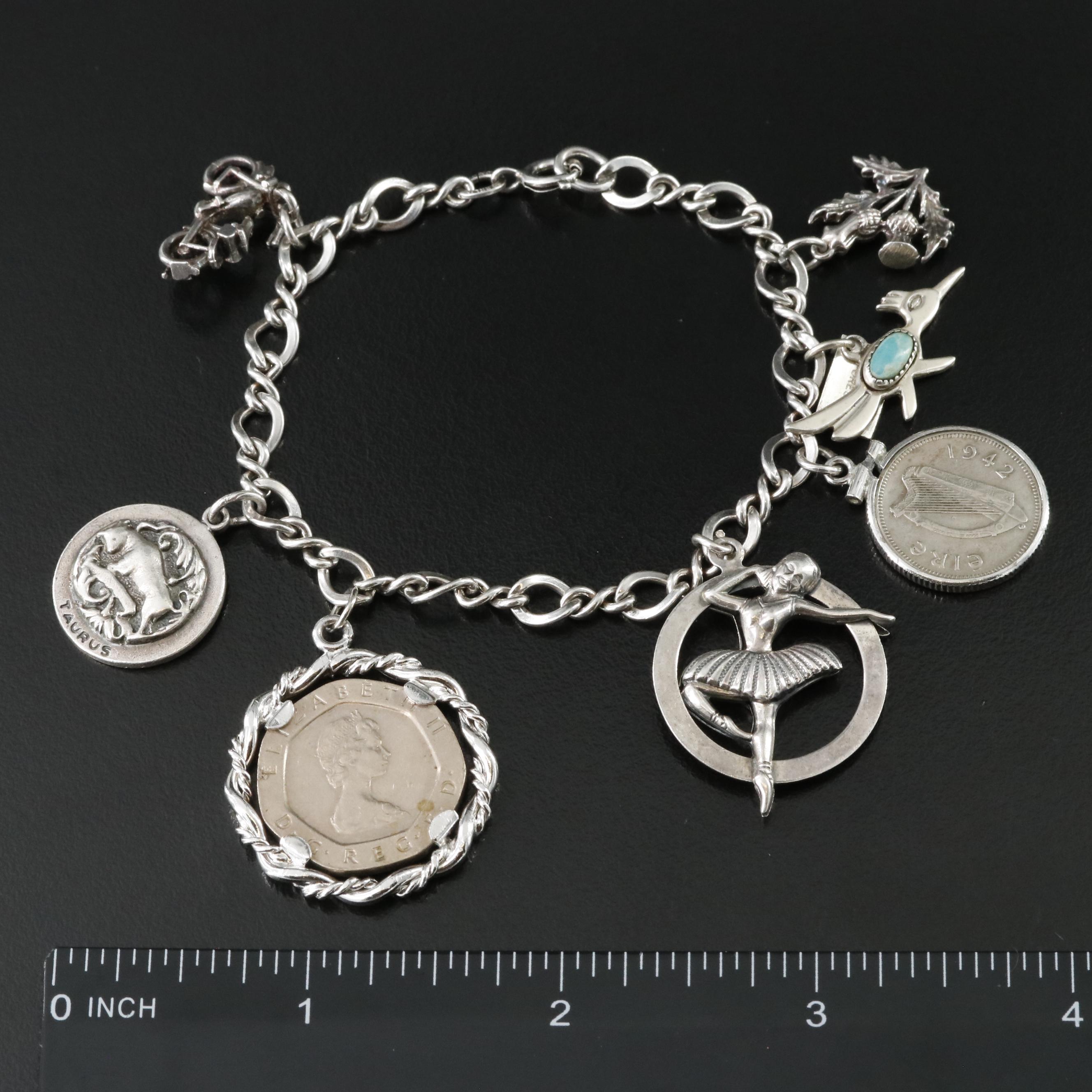 Vintage Sterling Charm Bracelet with Coin Charms