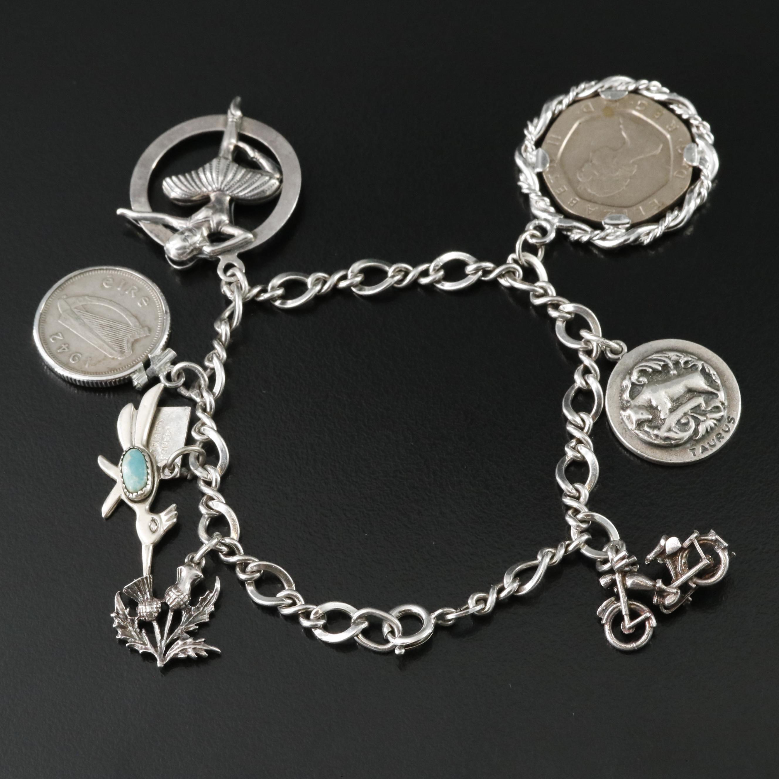 Vintage Sterling Charm Bracelet with Coin Charms