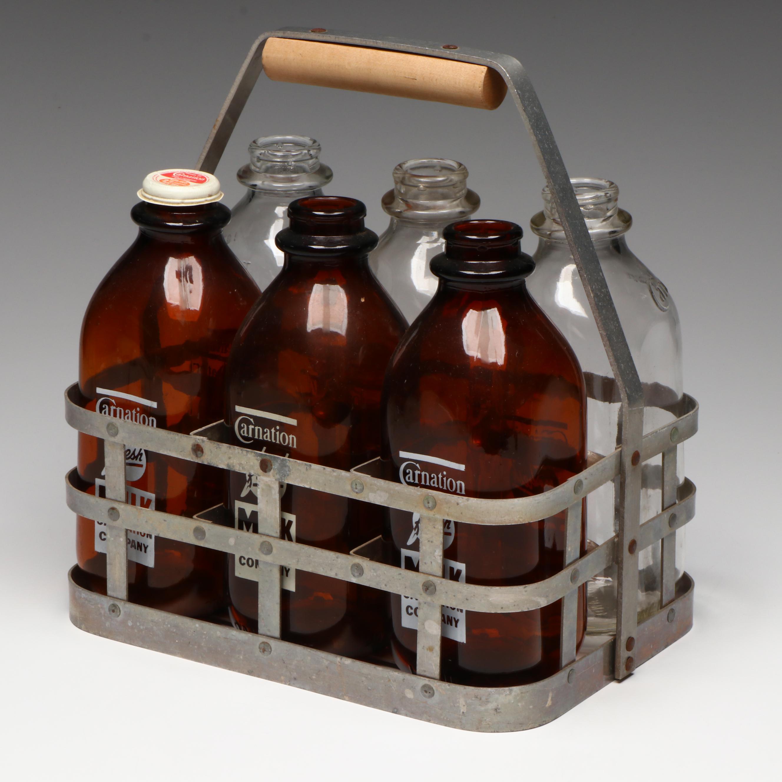Carnation Milk Glass Bottles with Caddy, Mid-20th Century