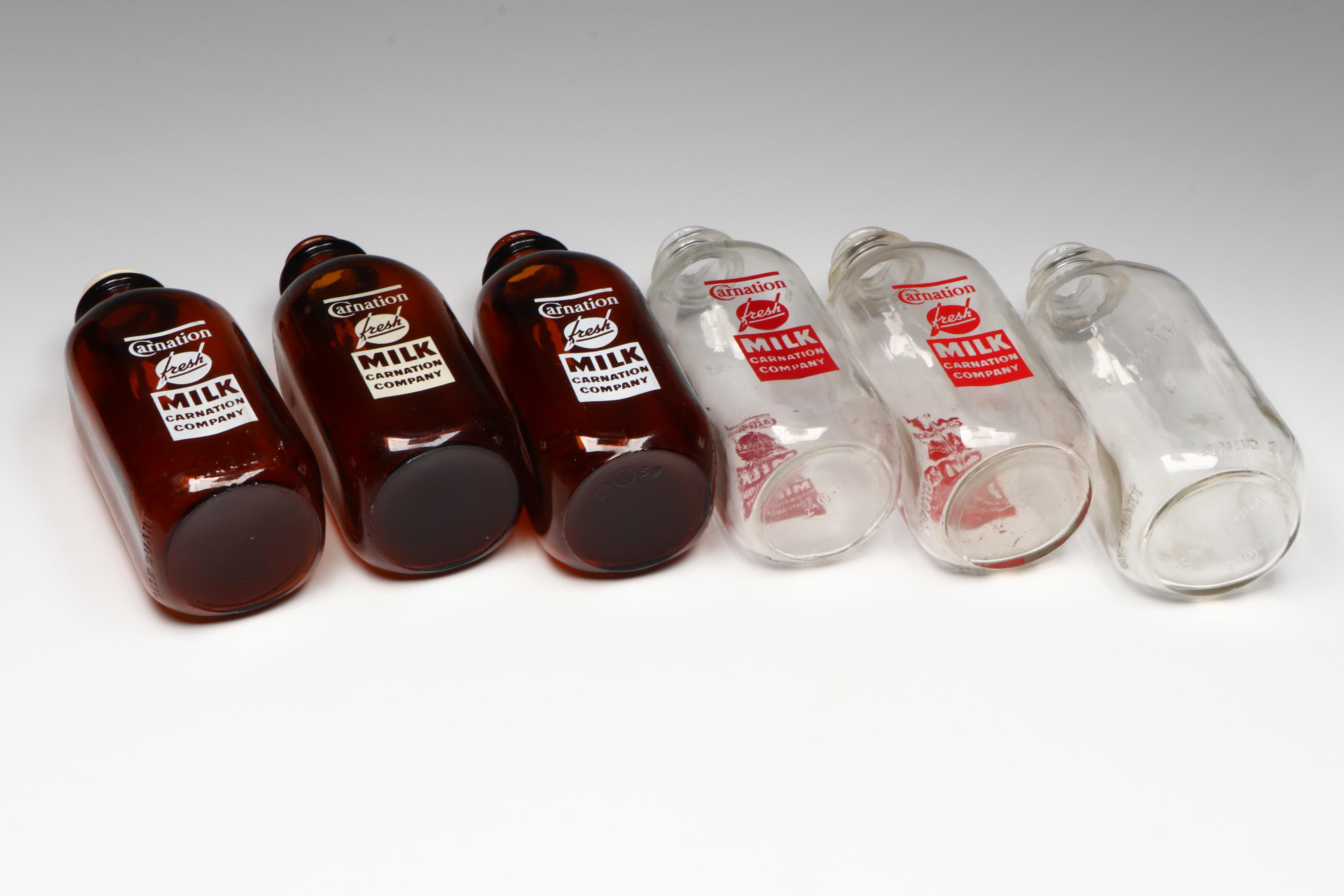 Carnation Milk Glass Bottles with Caddy, Mid-20th Century