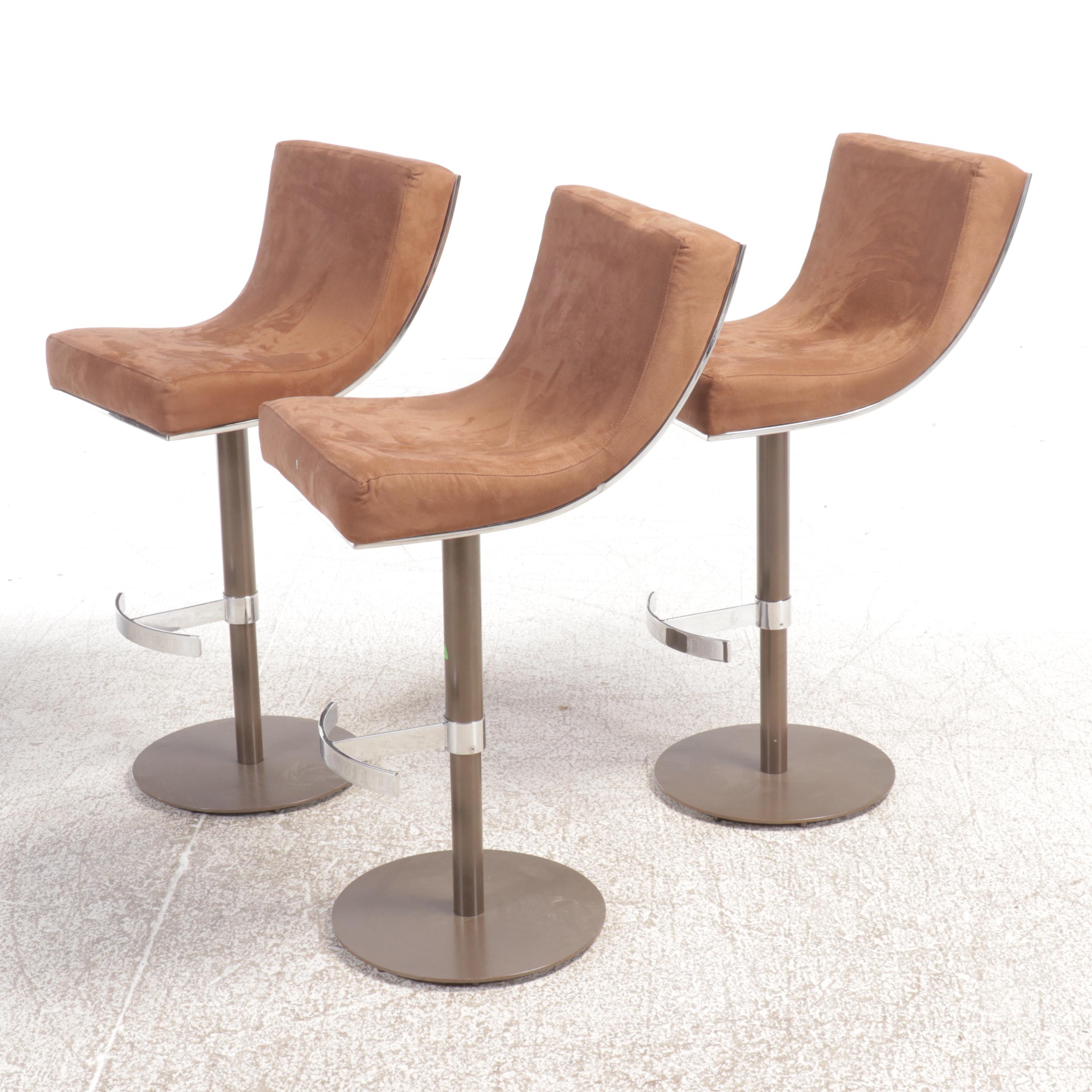 Set of Three Contemporary Fabric Upholstered Metal Swivel Barstools