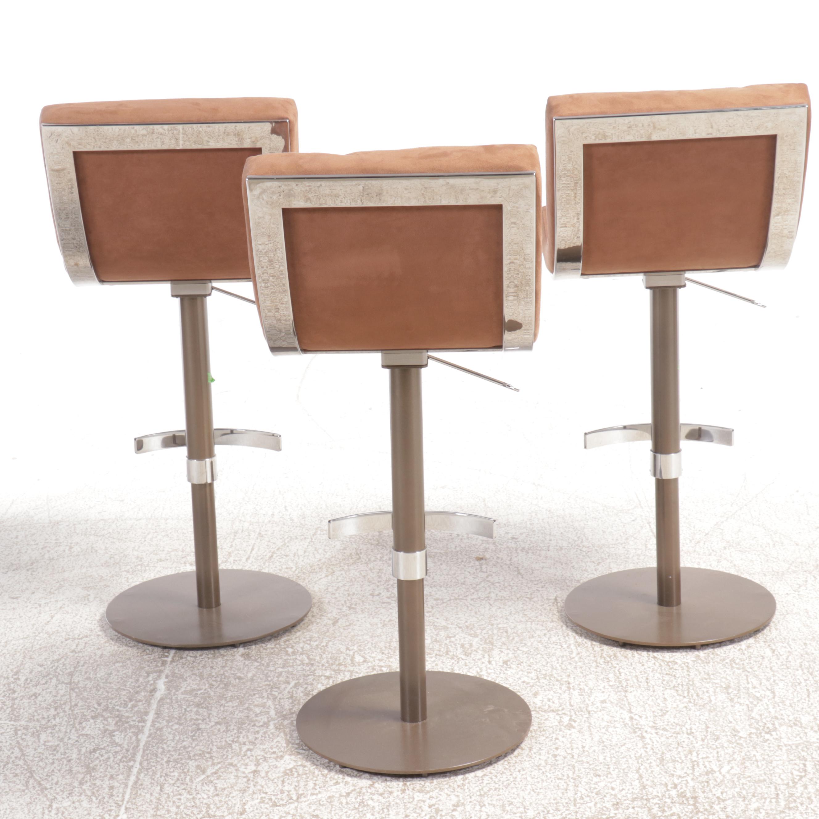 Set of Three Contemporary Fabric Upholstered Metal Swivel Barstools