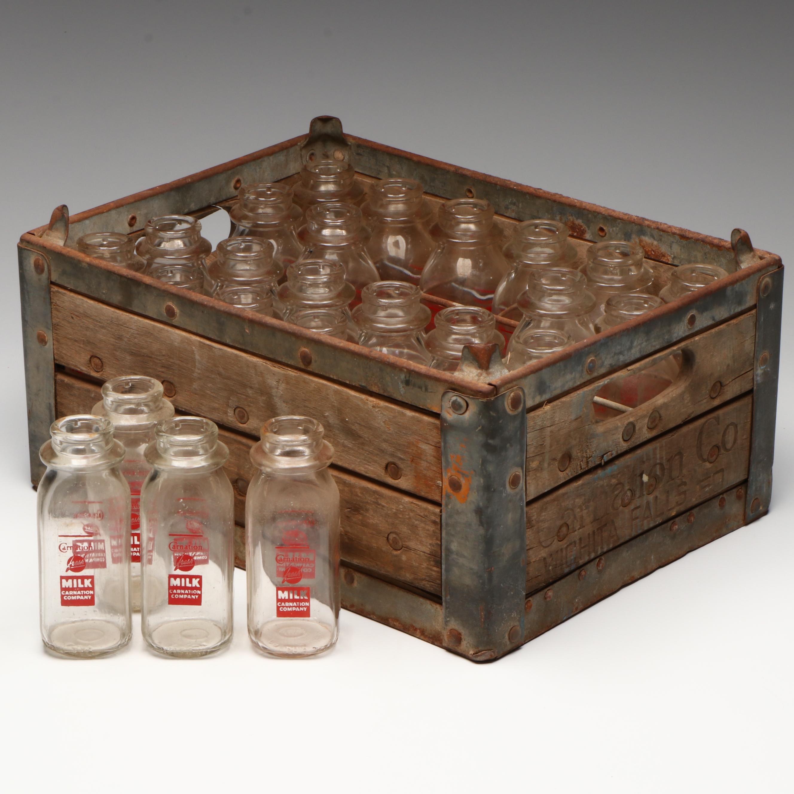 Carnation Milk Glass Bottles and Delivery Crate, Mid-20th Century