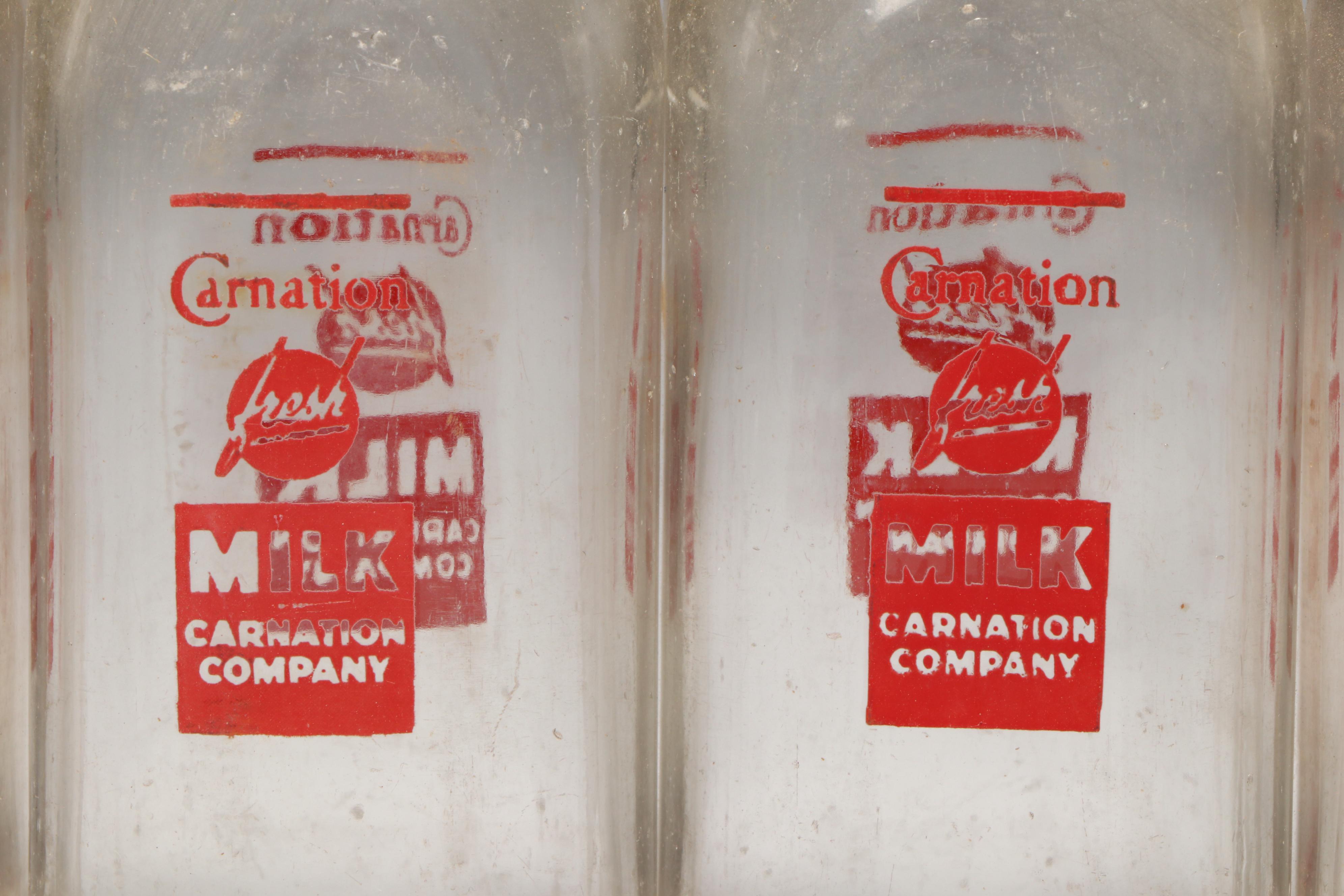 Carnation Milk Glass Bottles and Delivery Crate, Mid-20th Century