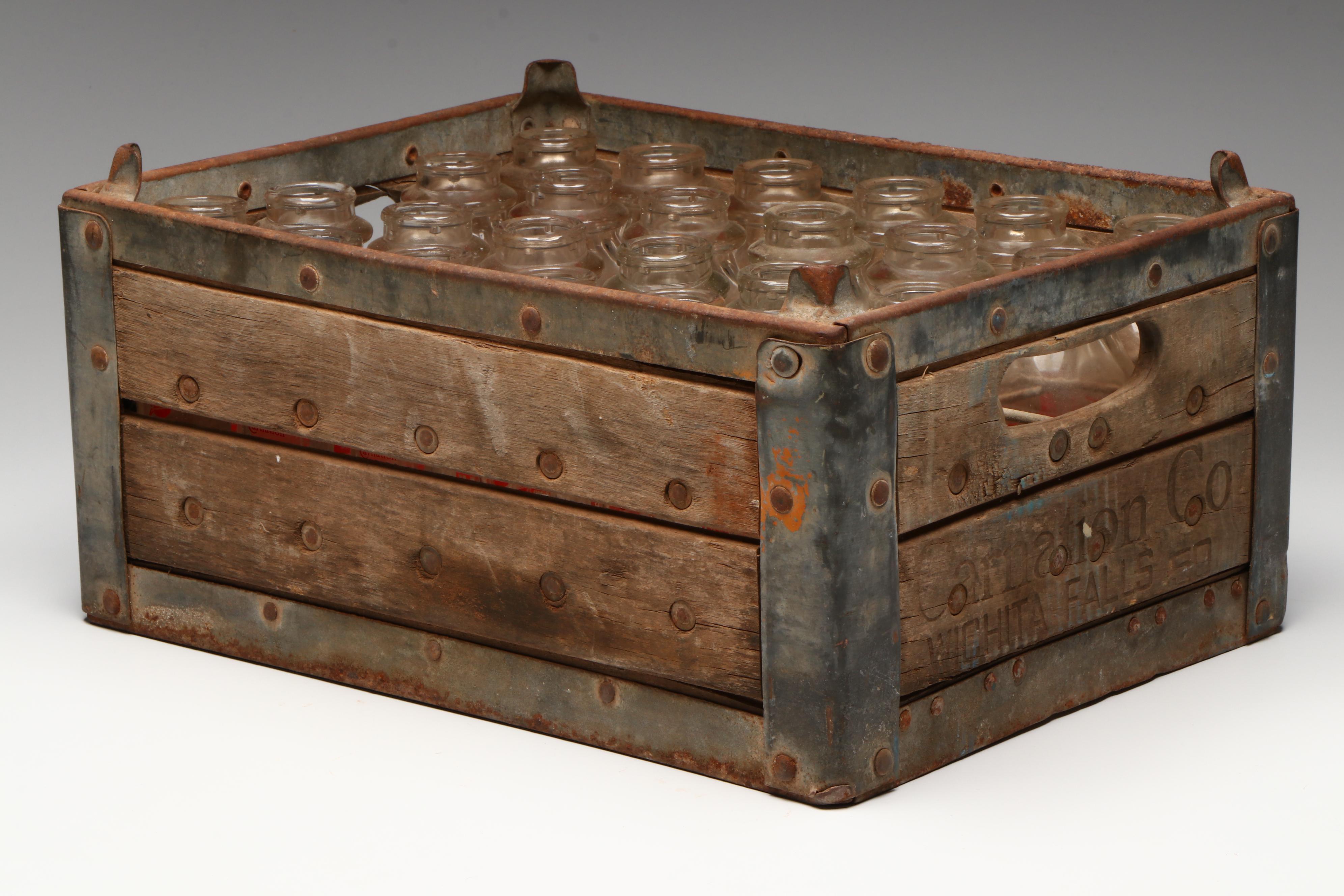 Carnation Milk Glass Bottles and Delivery Crate, Mid-20th Century