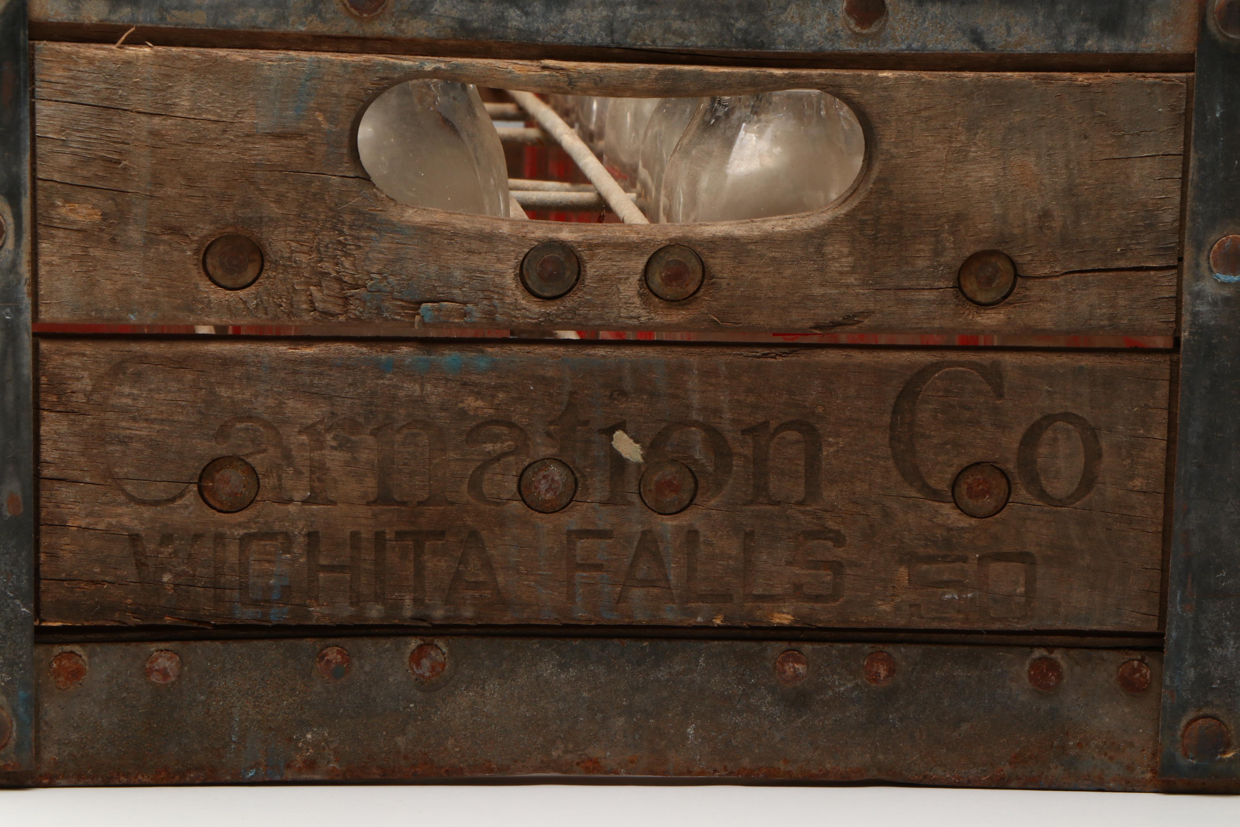 Carnation Milk Glass Bottles and Delivery Crate, Mid-20th Century