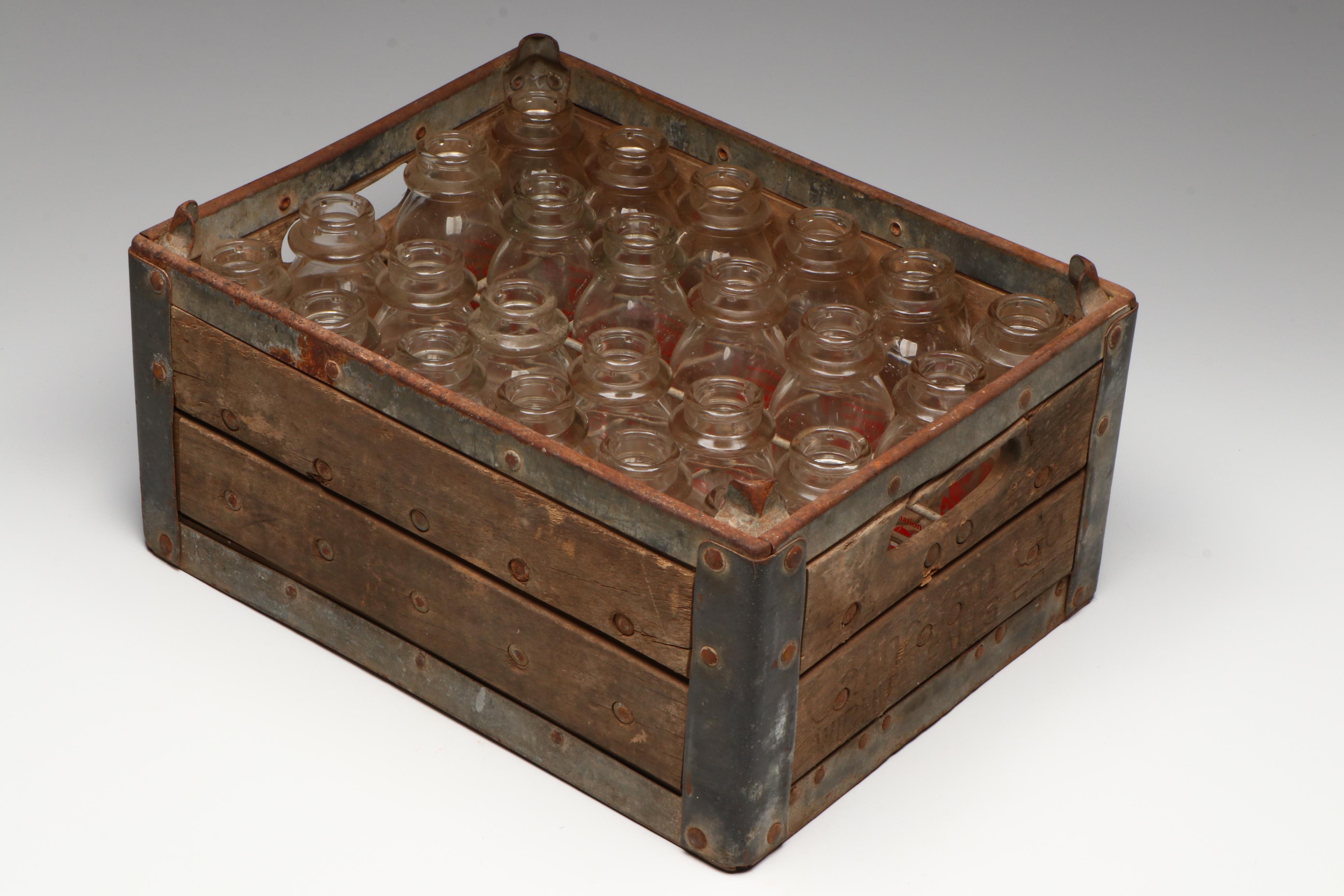 Carnation Milk Glass Bottles and Delivery Crate, Mid-20th Century