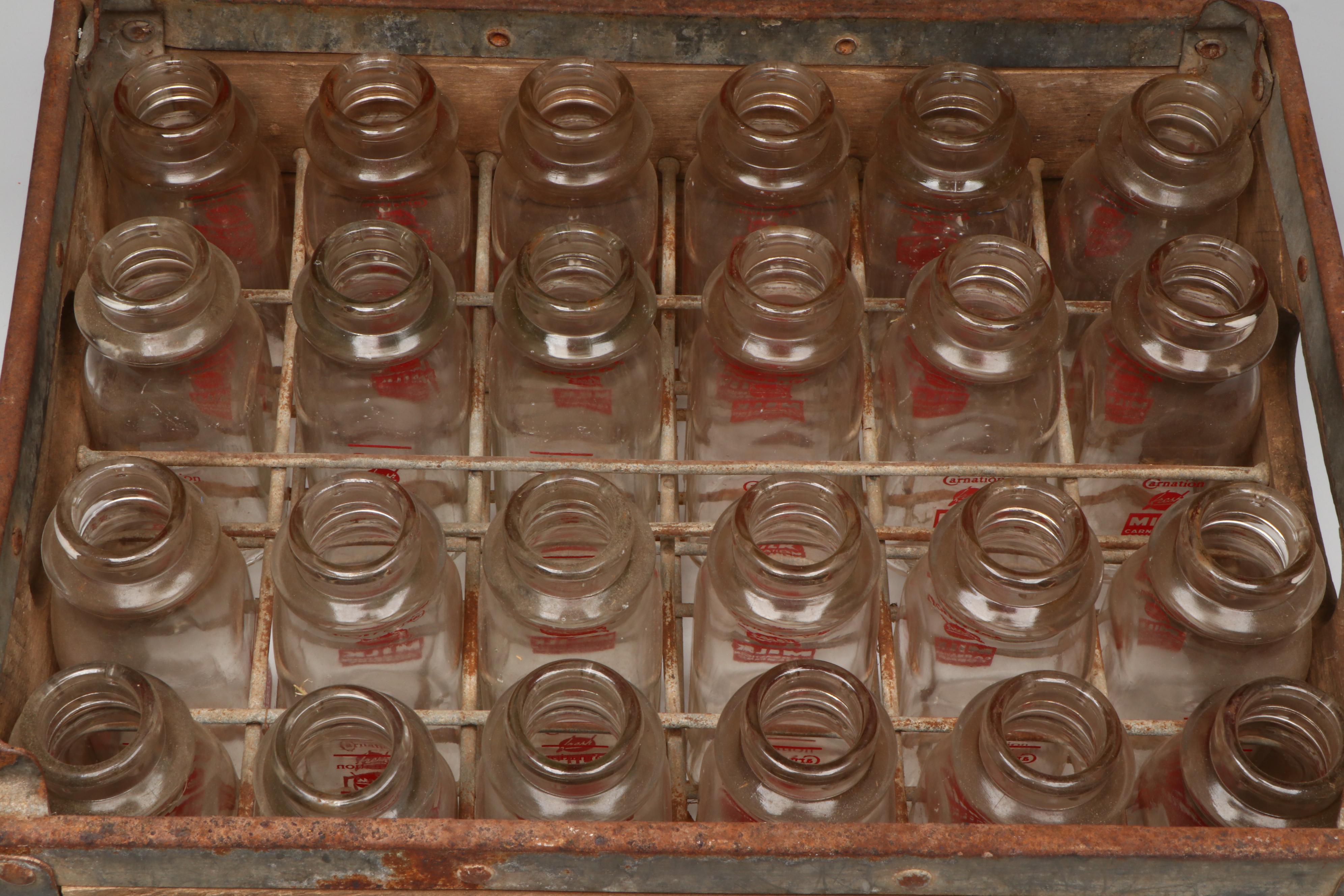 Carnation Milk Glass Bottles and Delivery Crate, Mid-20th Century