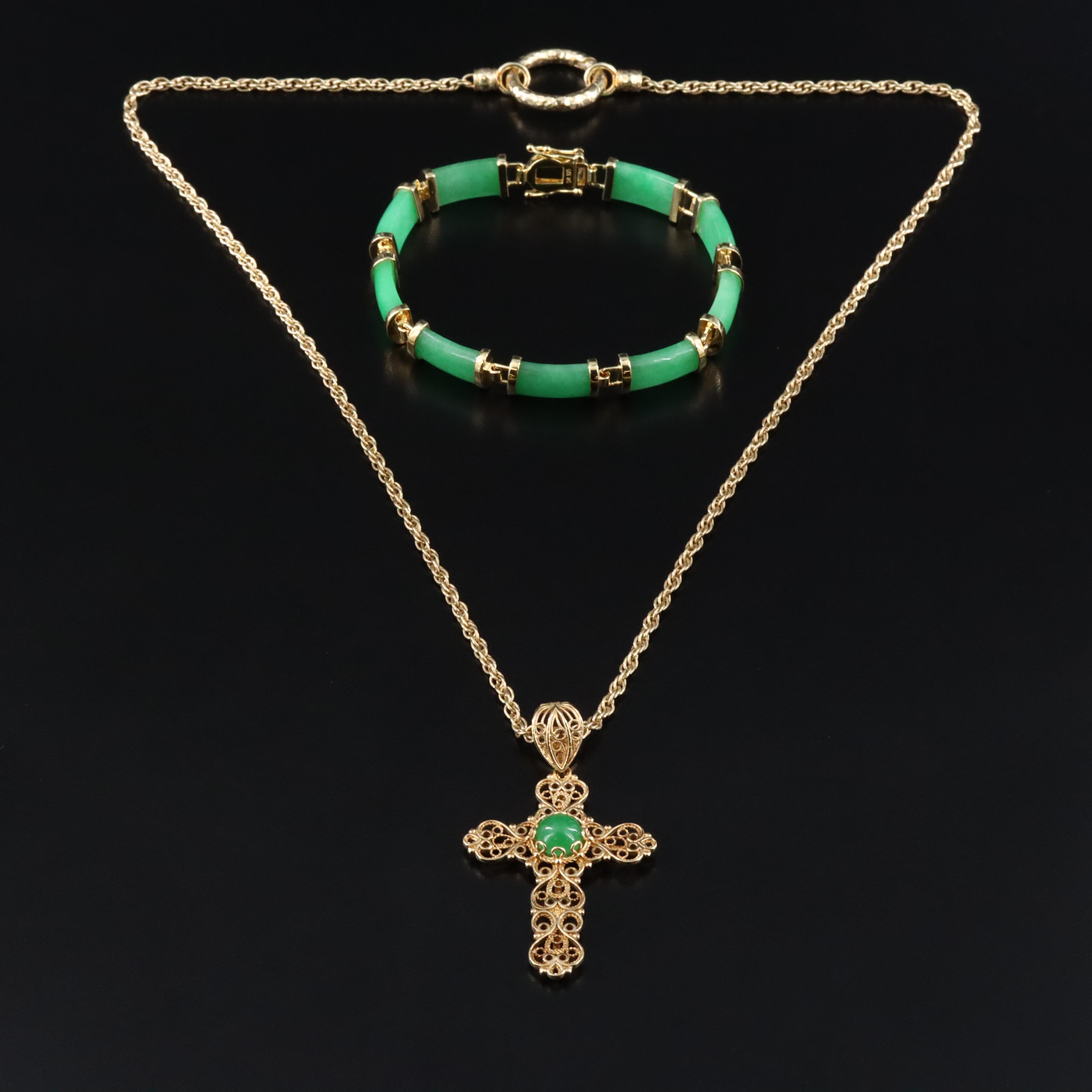 Sterling Jadeite Bracelet and Cross Pendant Necklace