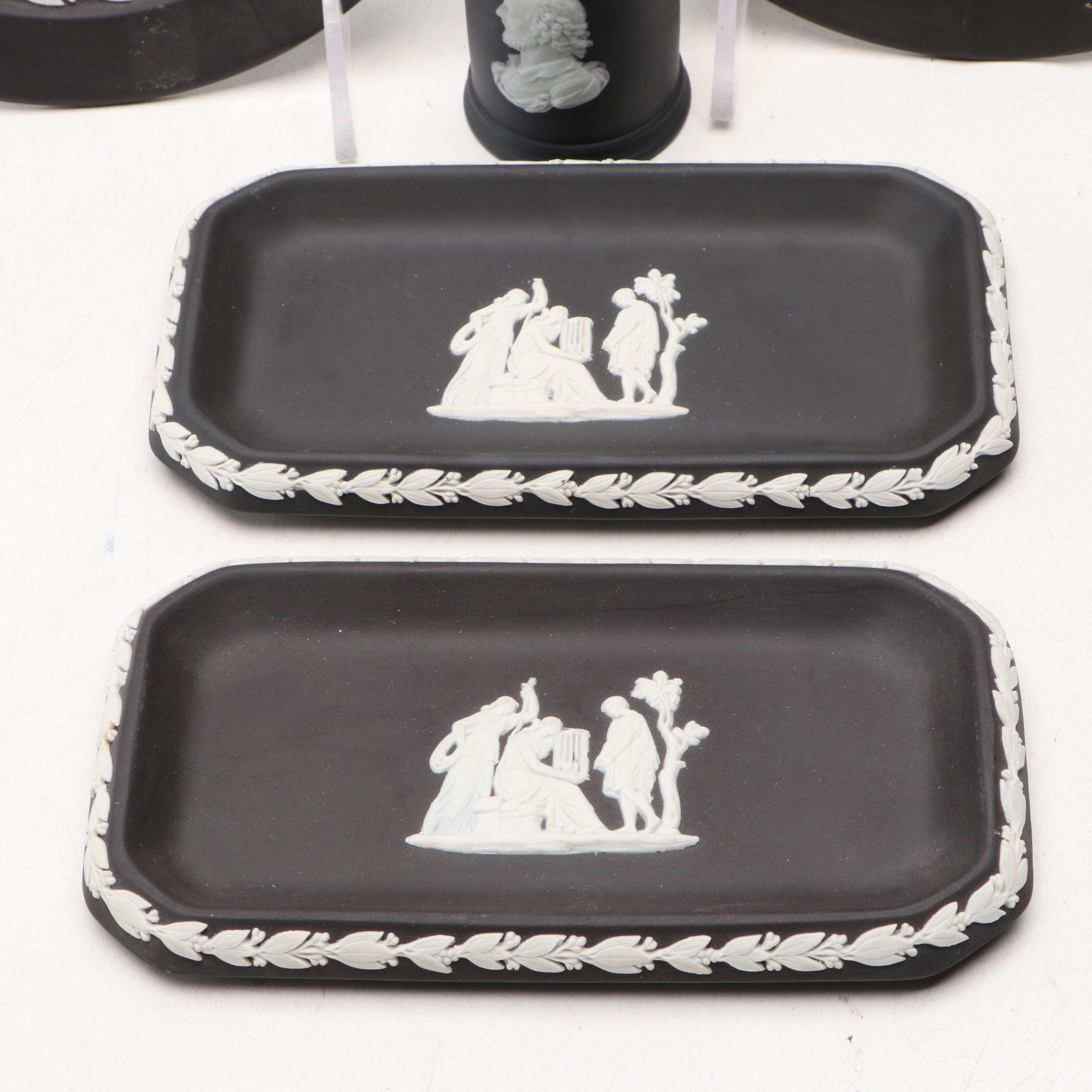Wedgwood Black Jasperware Portrait Vase with Other Plates and Trays