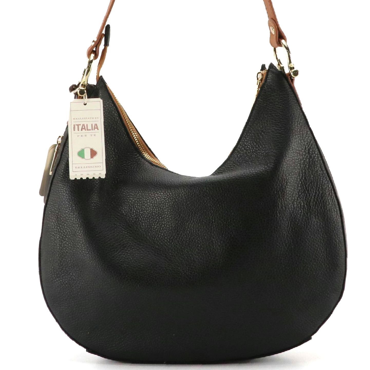 Valentina Zippered Hobo Shoulder Bag in Black & Brown Grained Leather, With Tags
