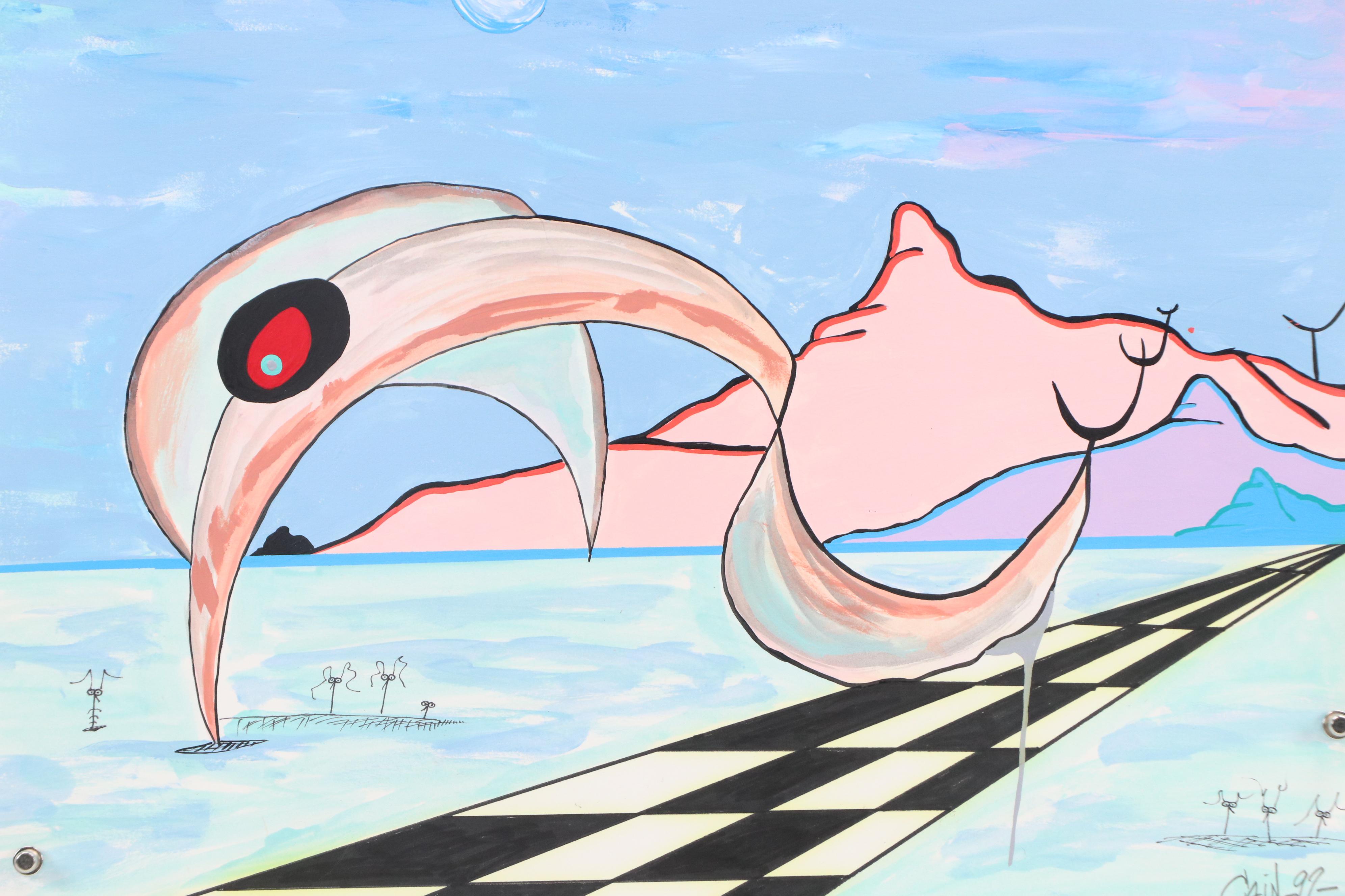 Thomas Cain Surrealist Mixed Media Painting "Into No Man's Land III," 1992