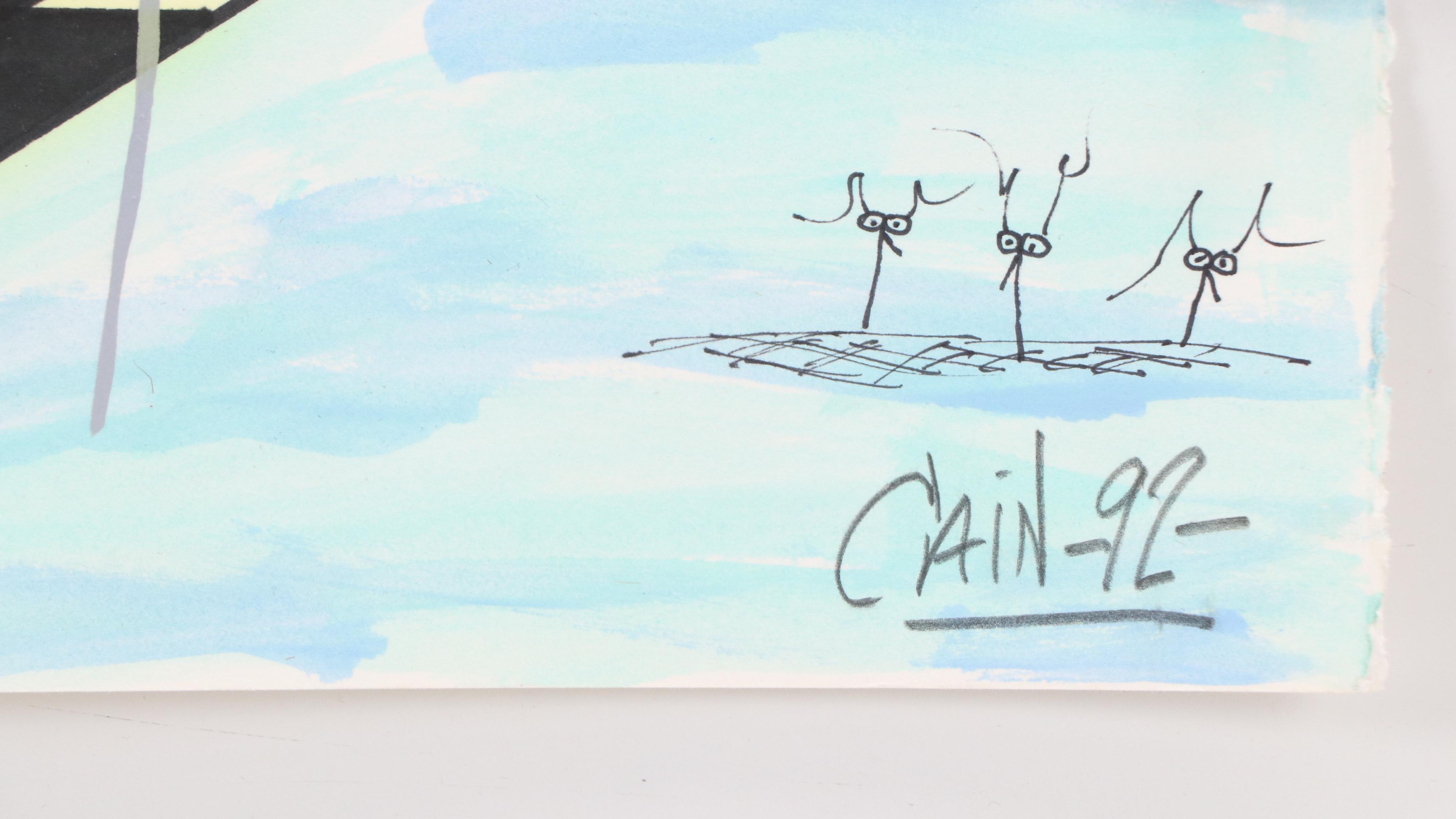 Thomas Cain Surrealist Mixed Media Painting "Into No Man's Land III," 1992