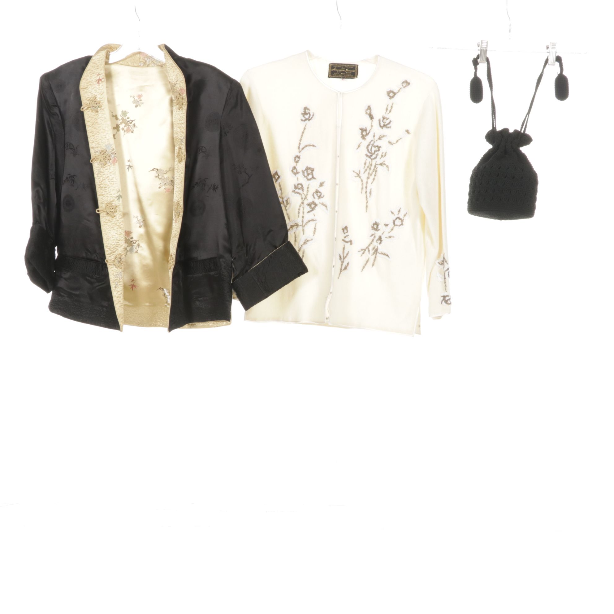 Chinese Reversible Brocade Jacket with Crochet Bucket Bag and Beaded Cardigan