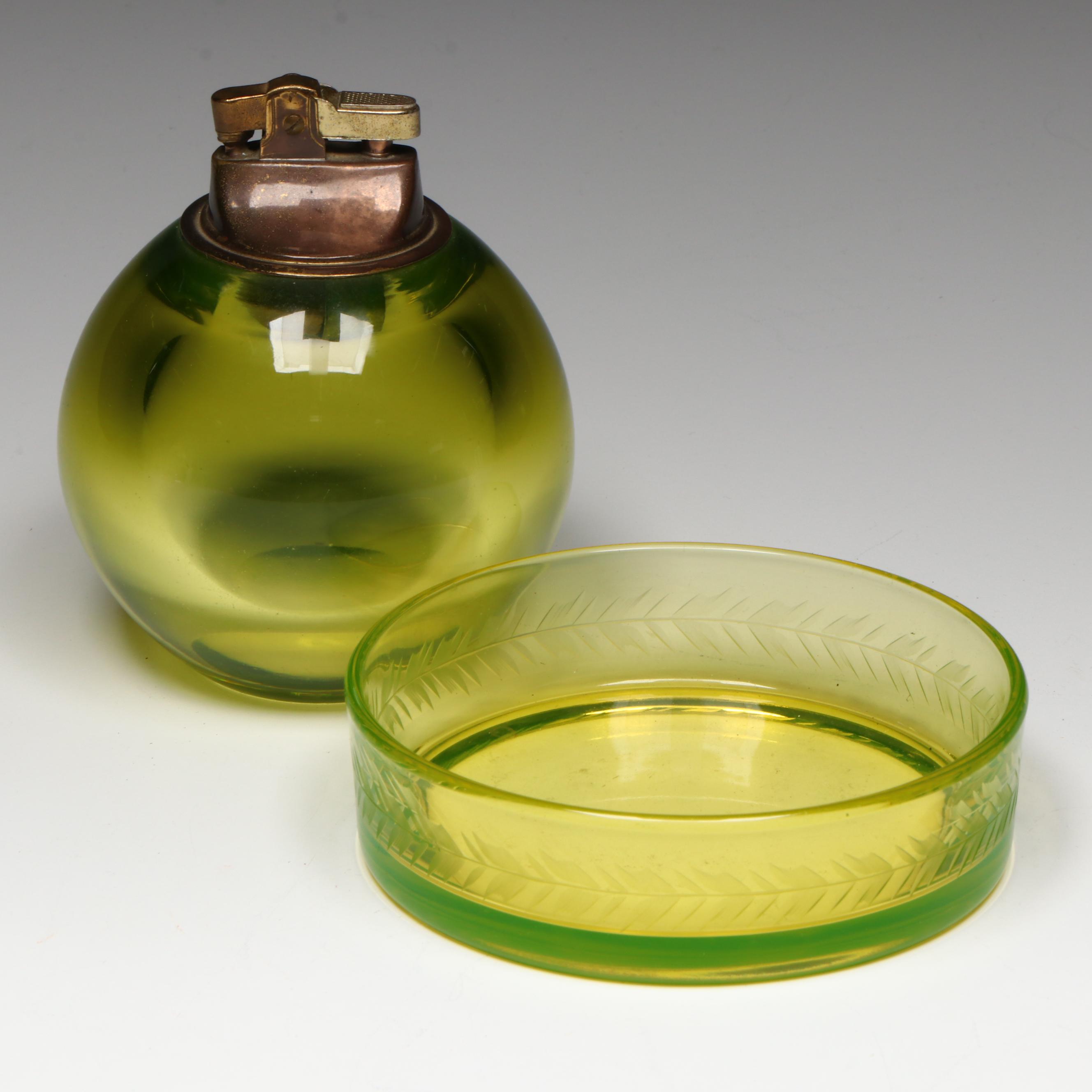 Etched Glass Ashtray and Table Lighter