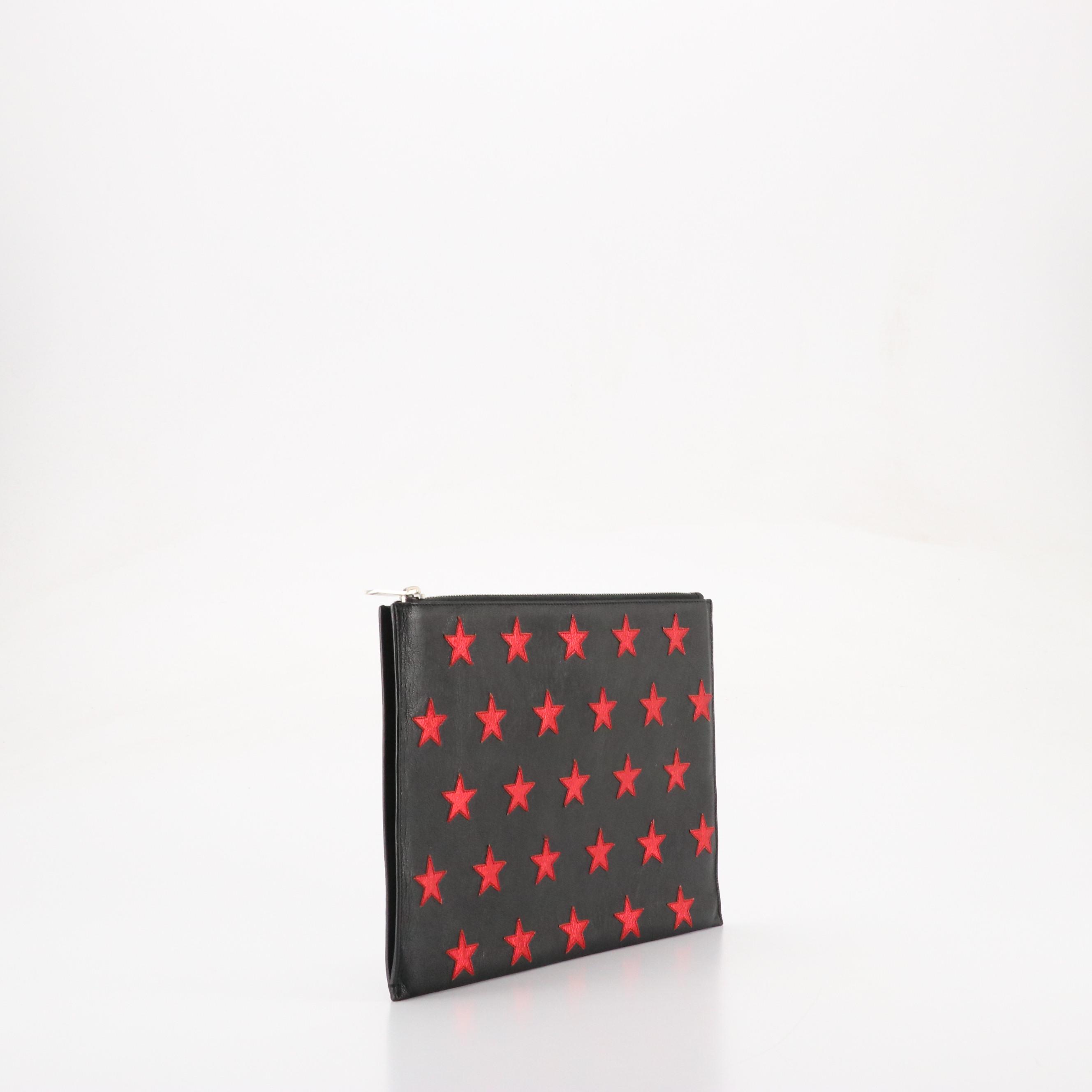 Saint Laurent Red Star Printed Black Calfskin Leather Zip Clutch