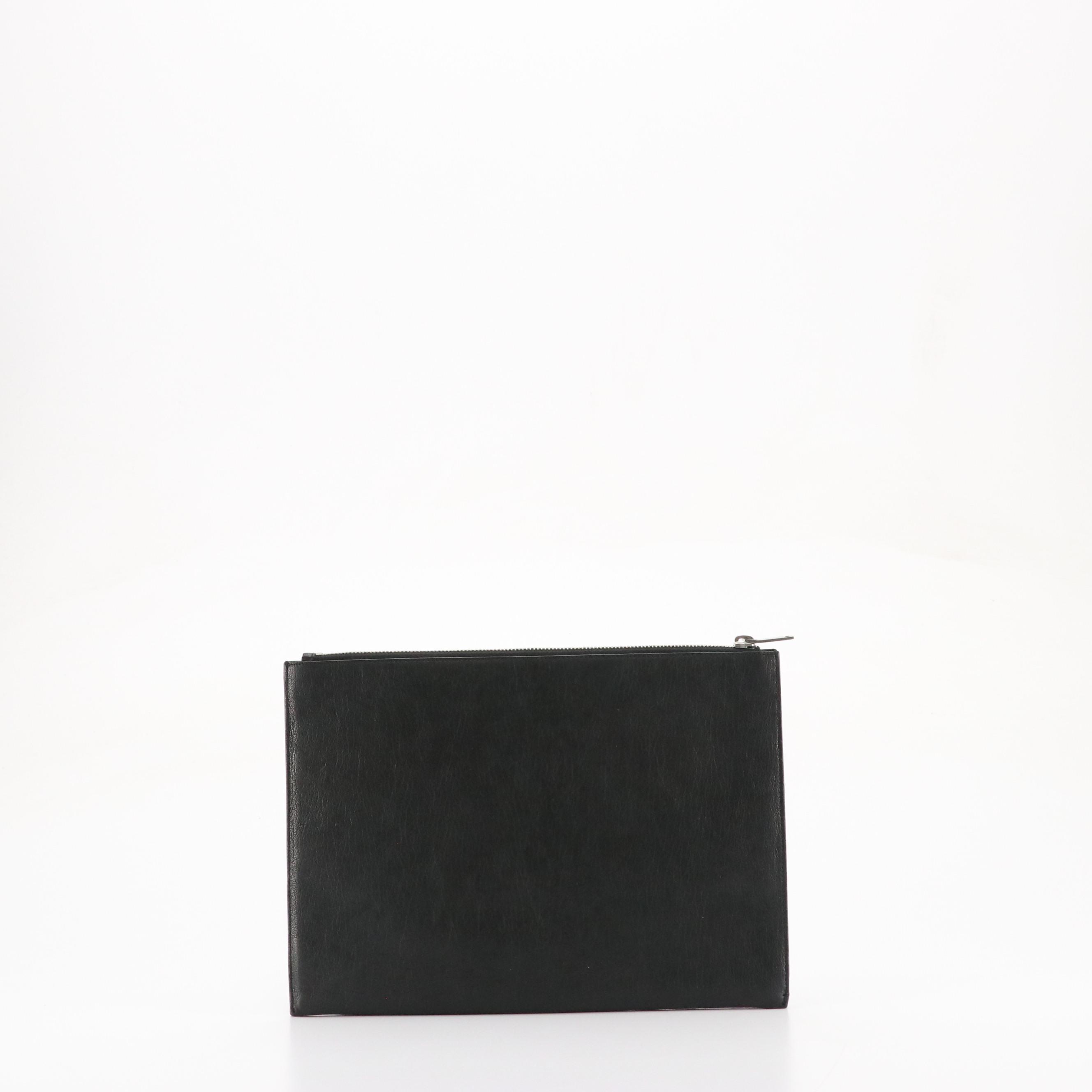 Saint Laurent Red Star Printed Black Calfskin Leather Zip Clutch