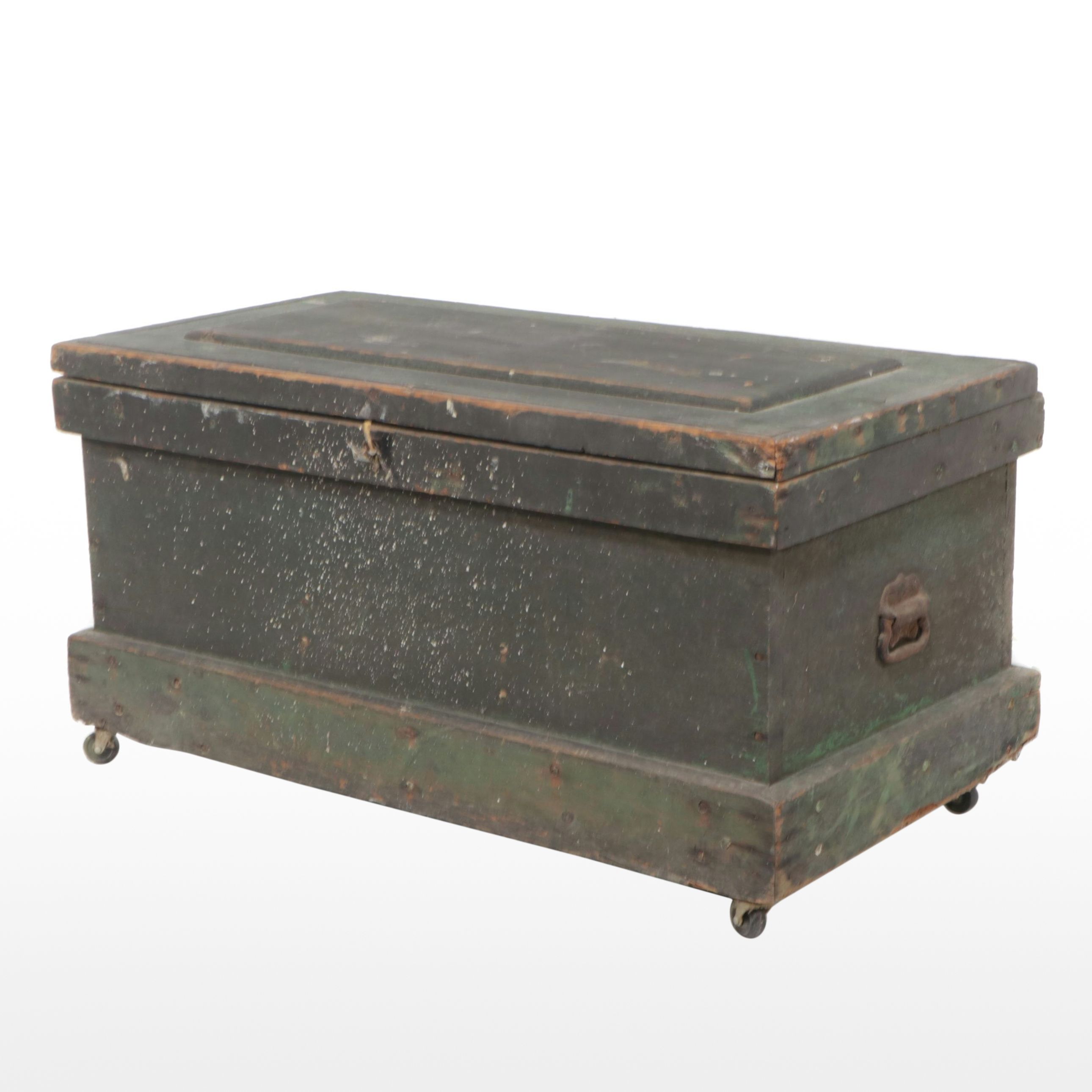 Painted Wood Carpenter's Trunk with Dividers, Inserts and Casters, Antique