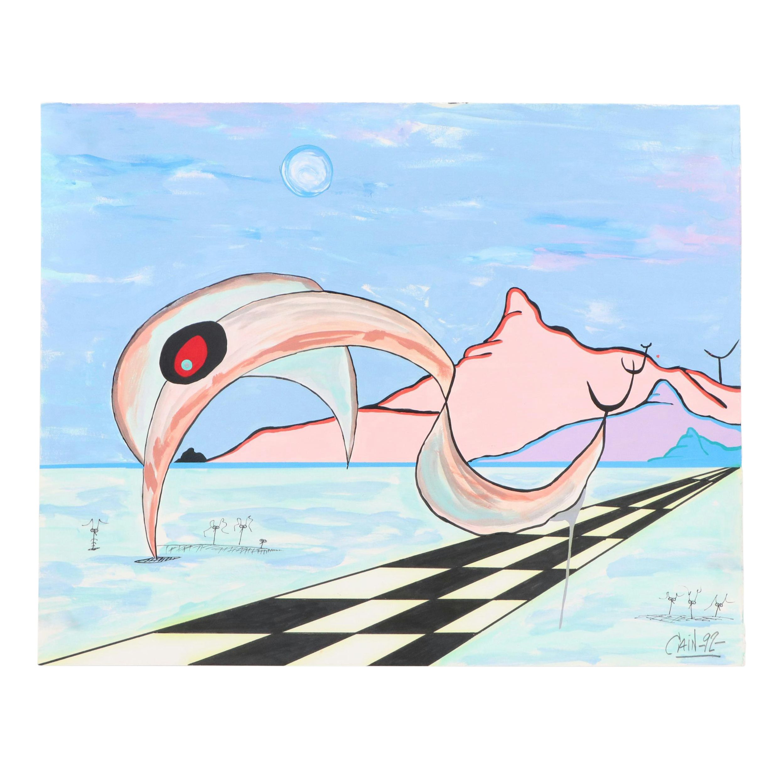 Thomas Cain Surrealist Mixed Media Painting "Into No Man's Land III," 1992