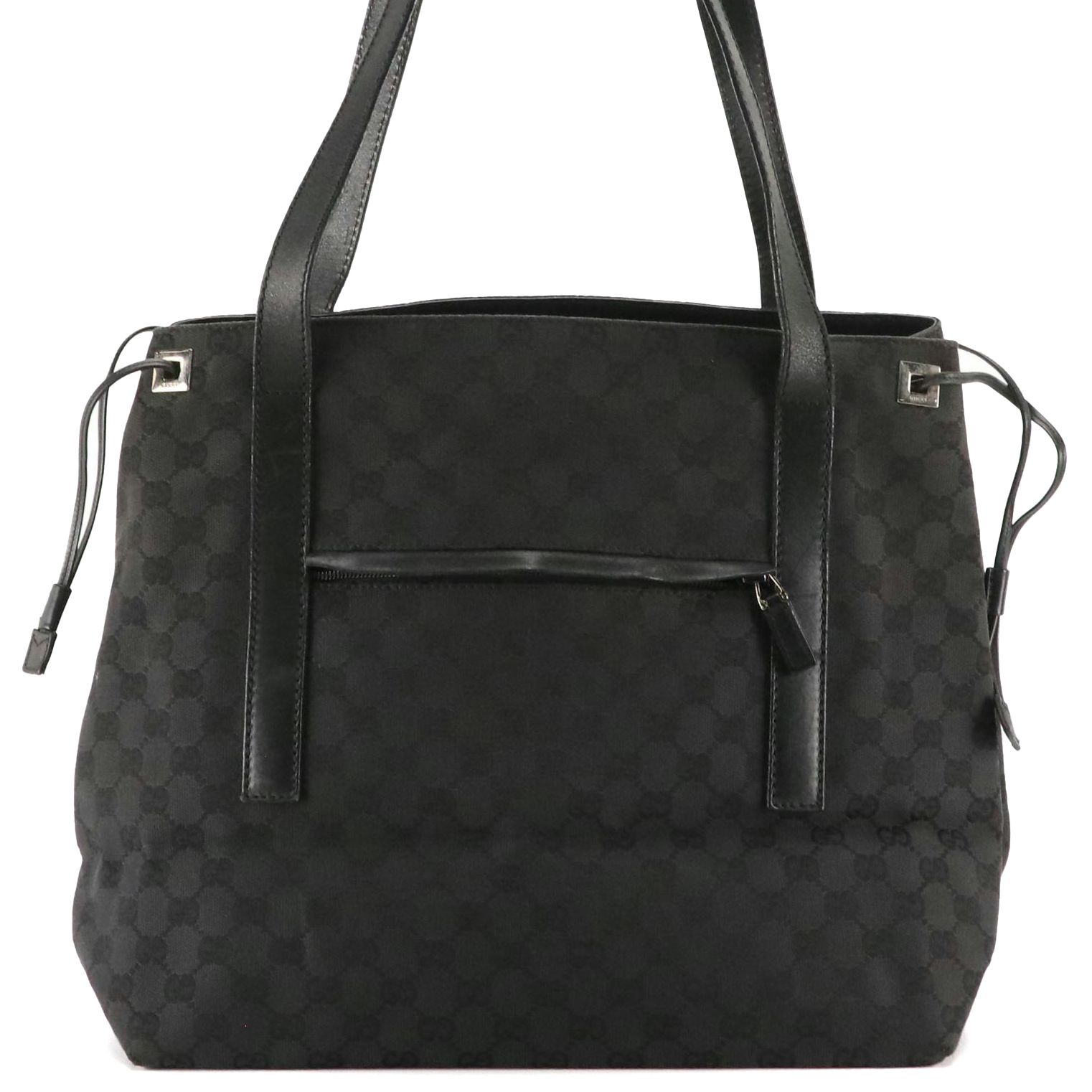 Gucci Front Pocket Side Drawstring Tote in Black GG Canvas and Leather Trim