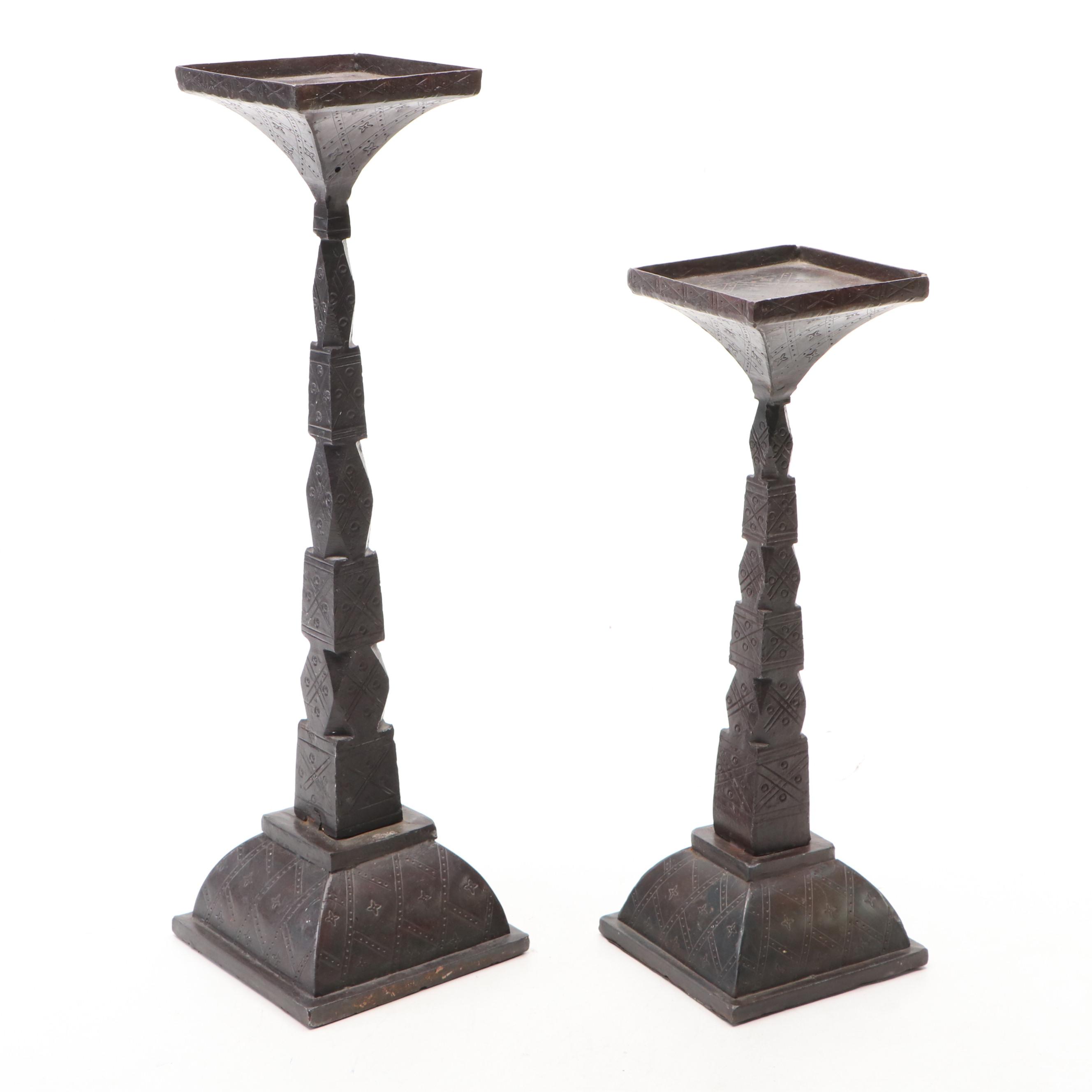 French Gothic Style Bronzed Metal Candle Pillars