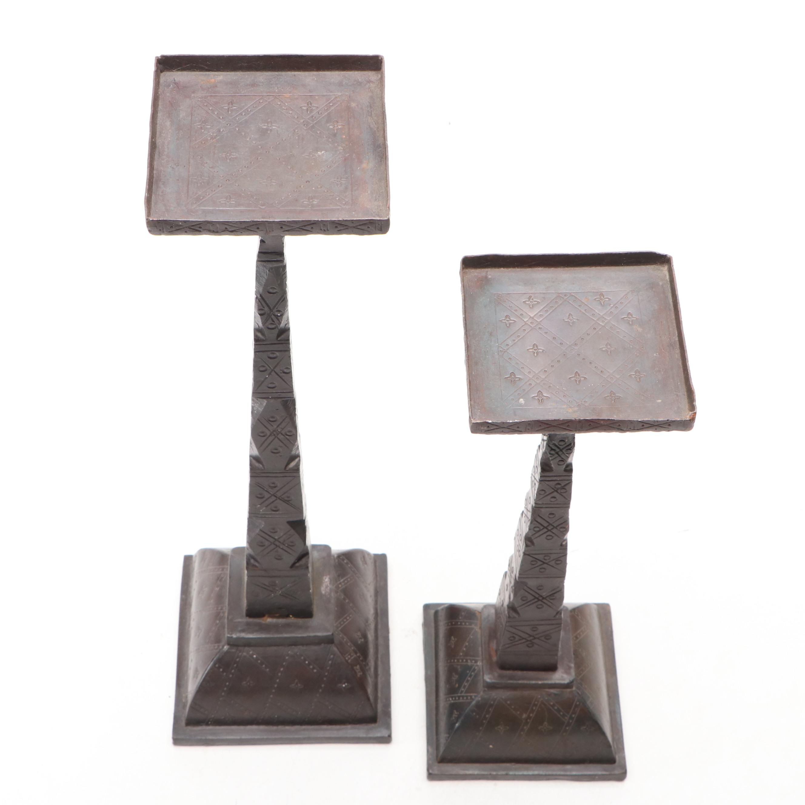 French Gothic Style Bronzed Metal Candle Pillars