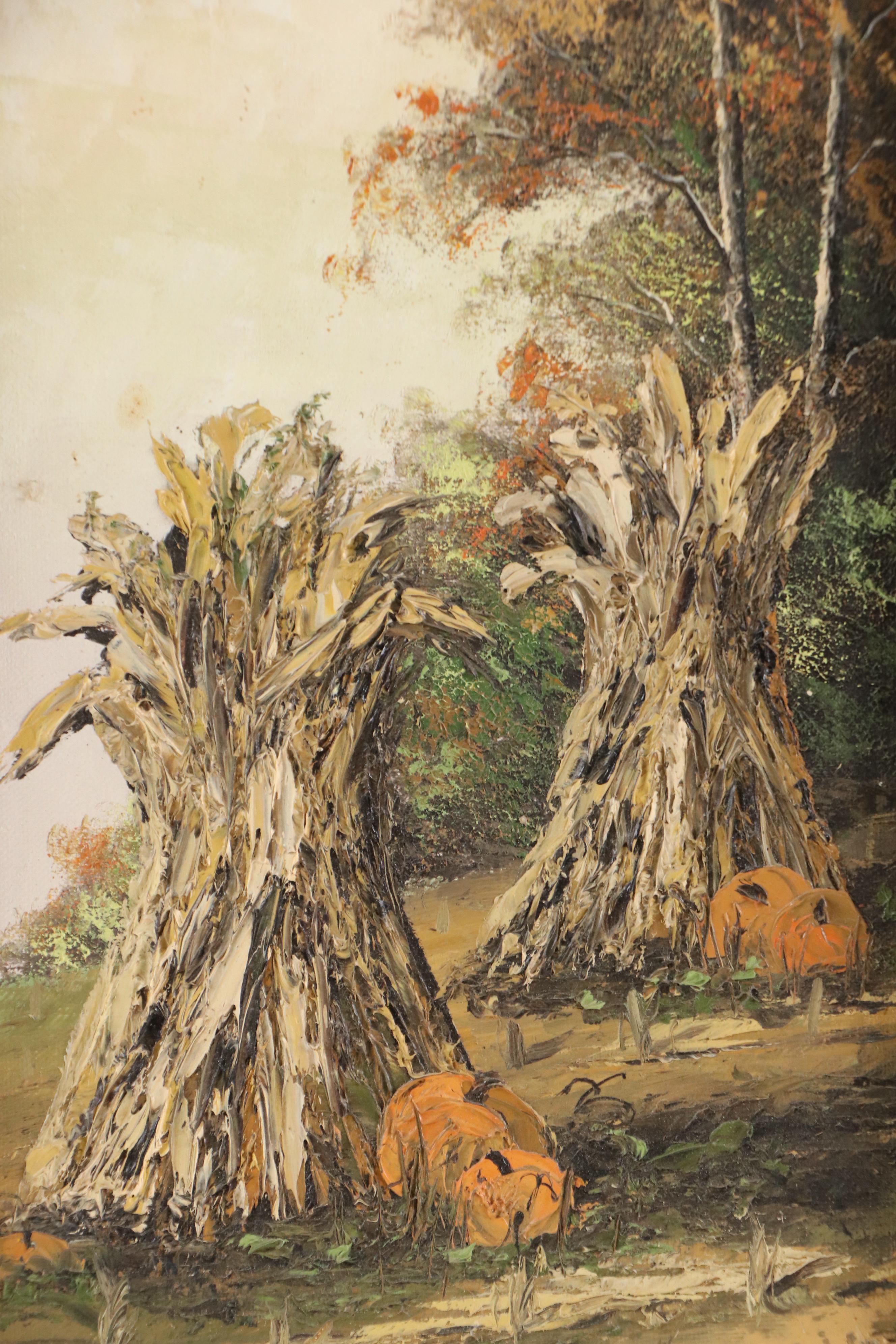 Impasto Wooded Landscape Oil Painting with Hay Bales, Late 20th/21st Century