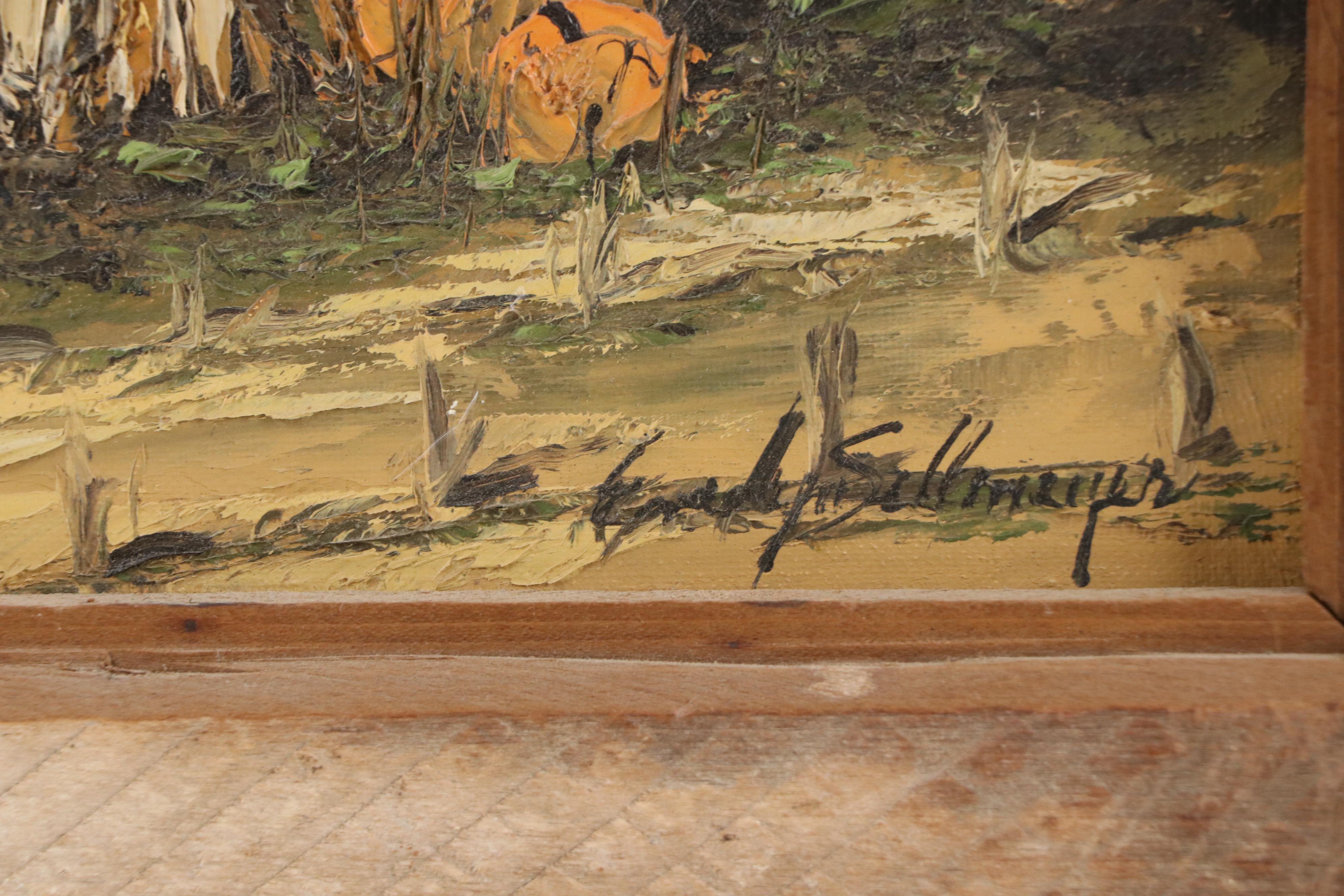 Impasto Wooded Landscape Oil Painting with Hay Bales, Late 20th/21st Century