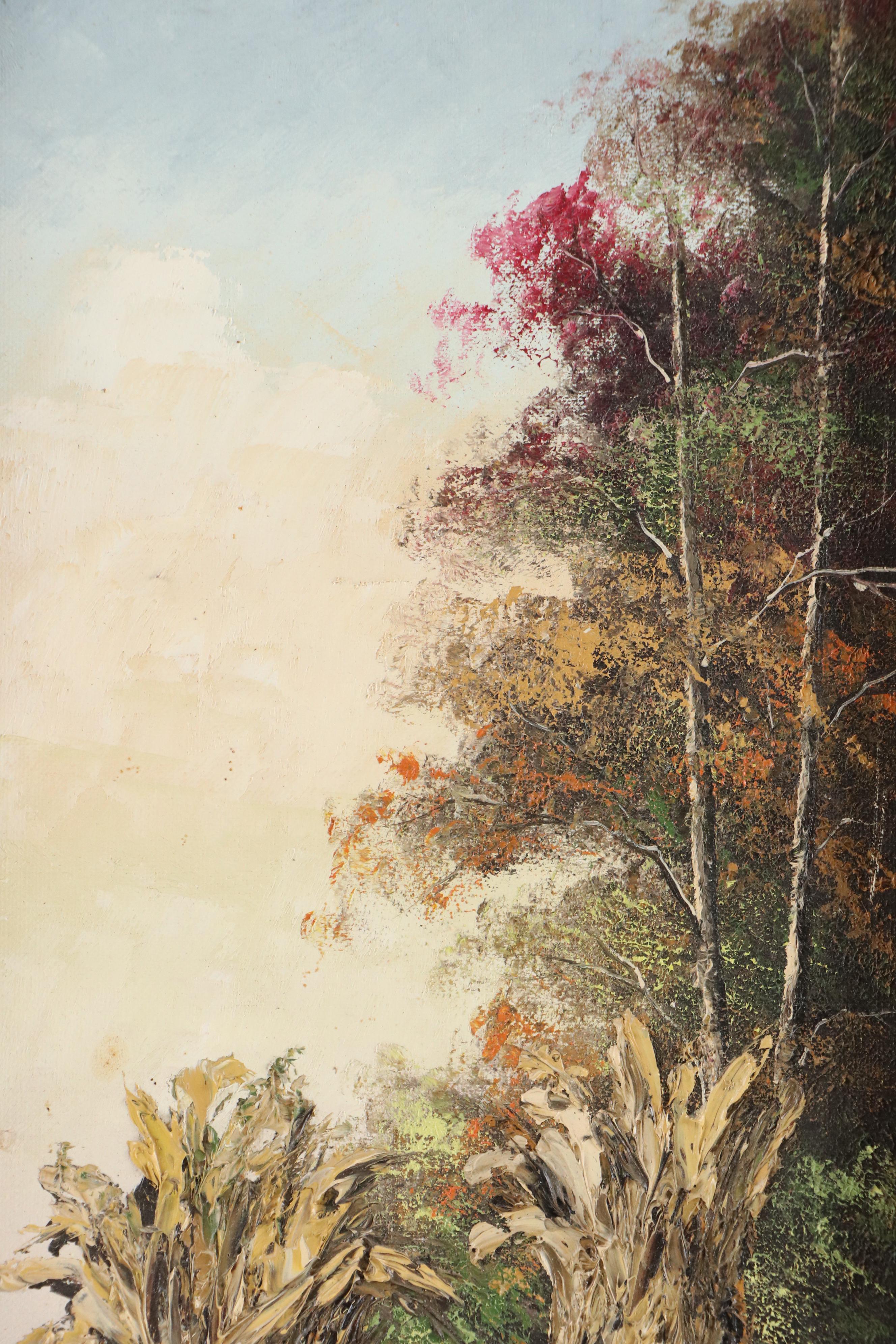 Impasto Wooded Landscape Oil Painting with Hay Bales, Late 20th/21st Century