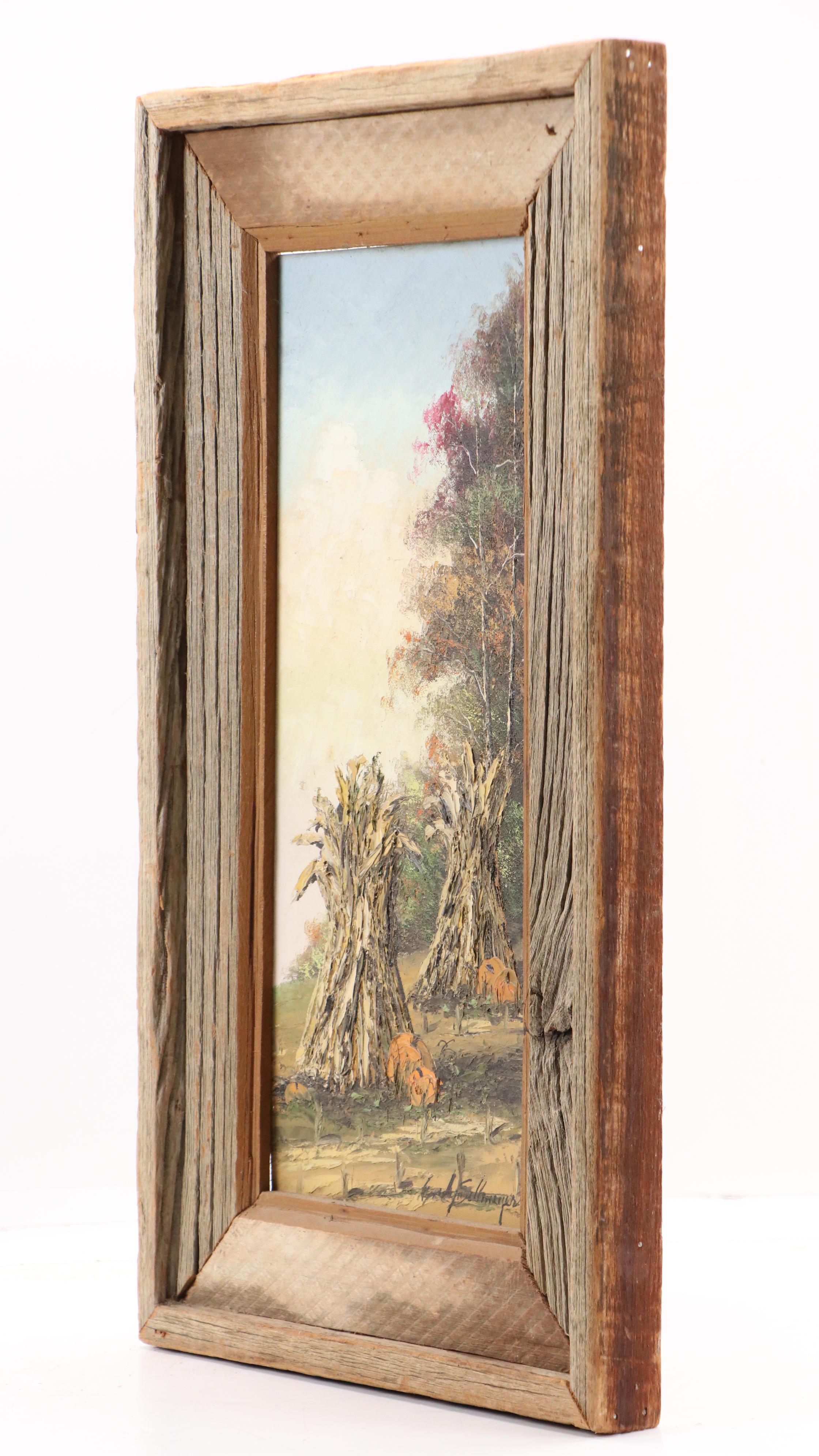 Impasto Wooded Landscape Oil Painting with Hay Bales, Late 20th/21st Century