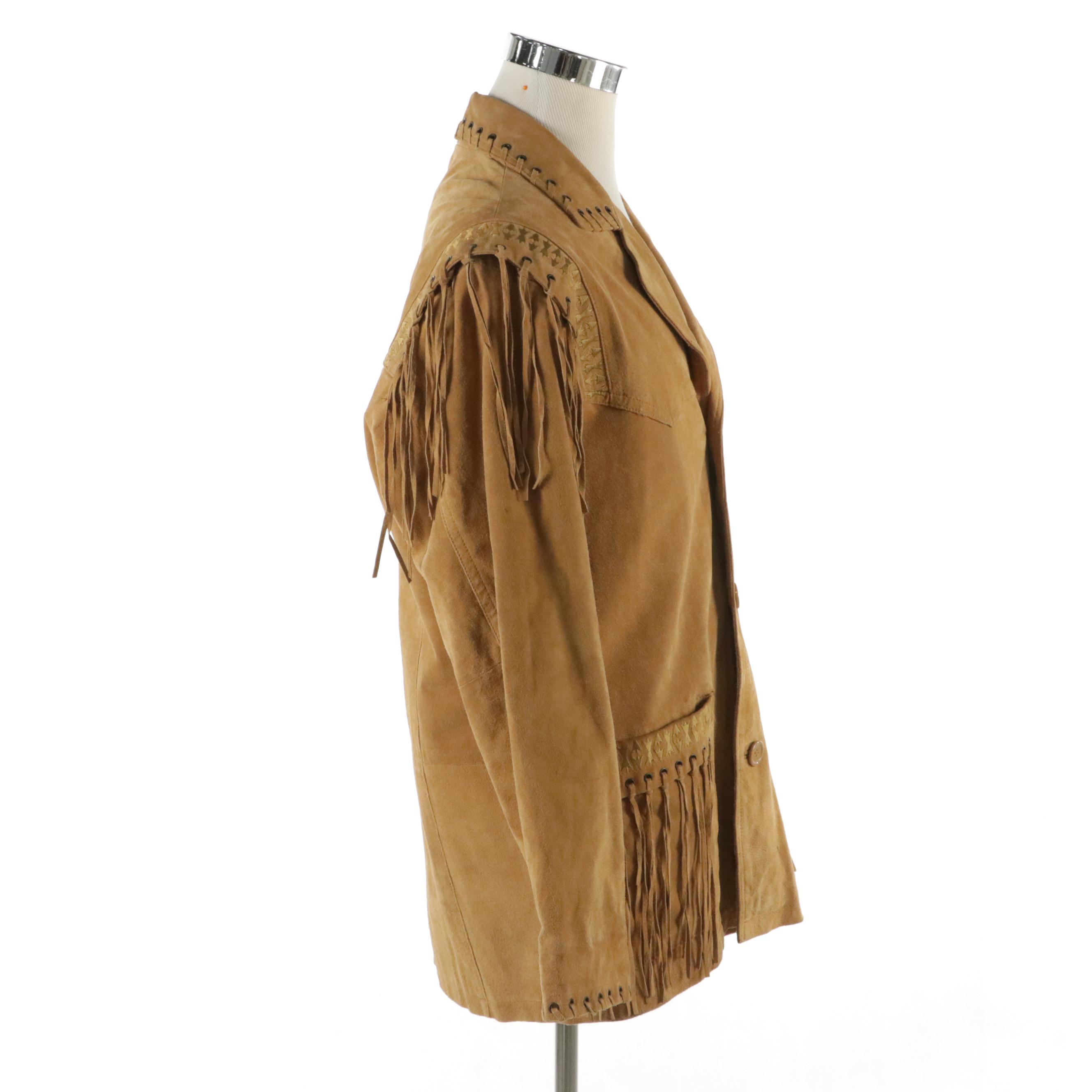 Men's Excelled Embroidered and Grommet Embellished Fringe Suede Jacket