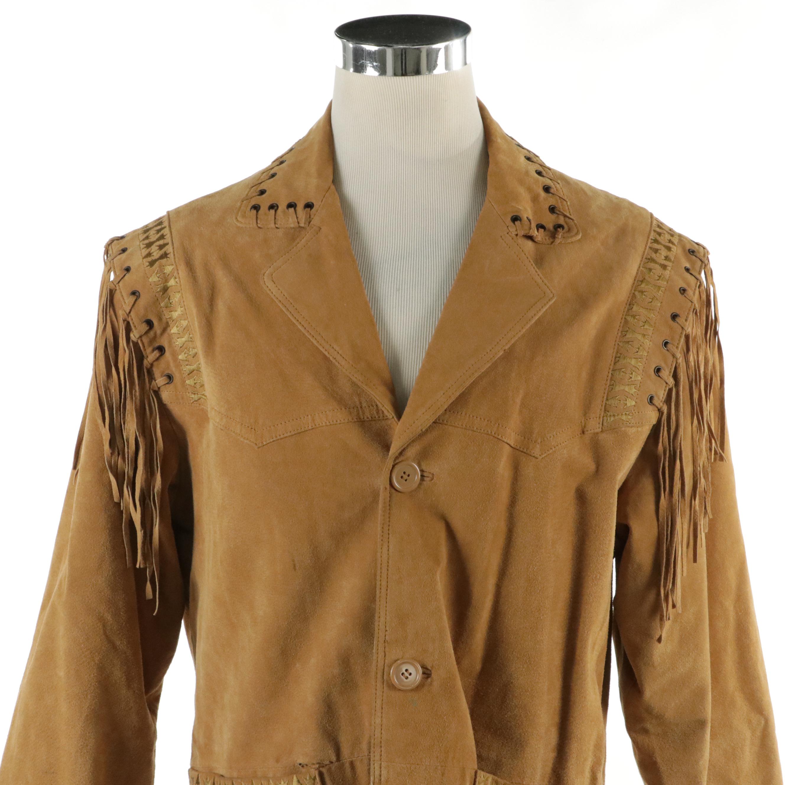 Men's Excelled Embroidered and Grommet Embellished Fringe Suede Jacket