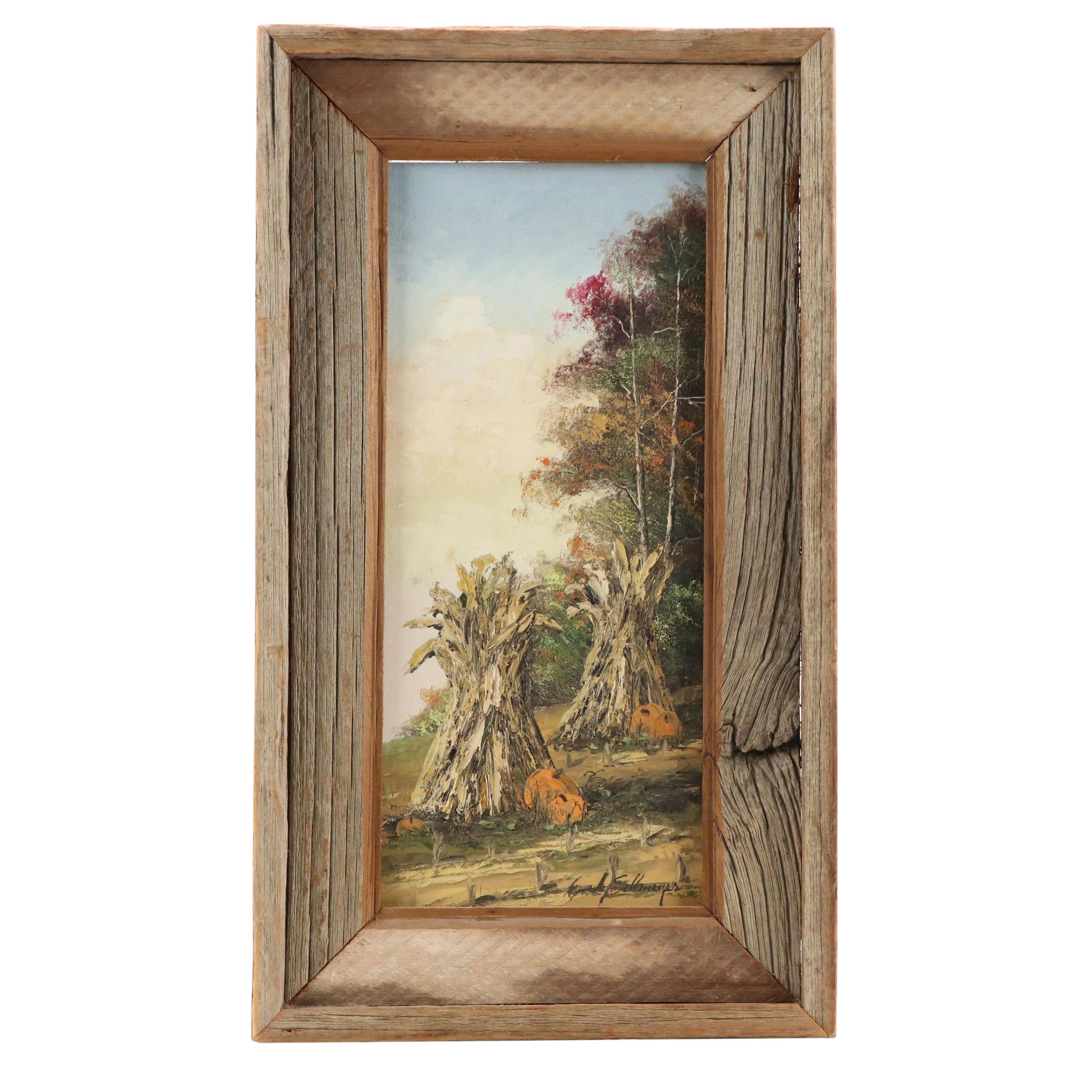 Impasto Wooded Landscape Oil Painting with Hay Bales, Late 20th/21st Century