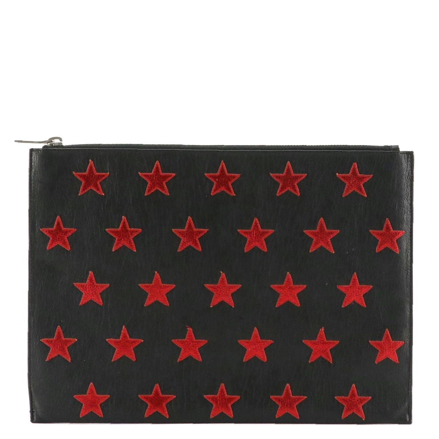 Saint Laurent Red Star Printed Black Calfskin Leather Zip Clutch