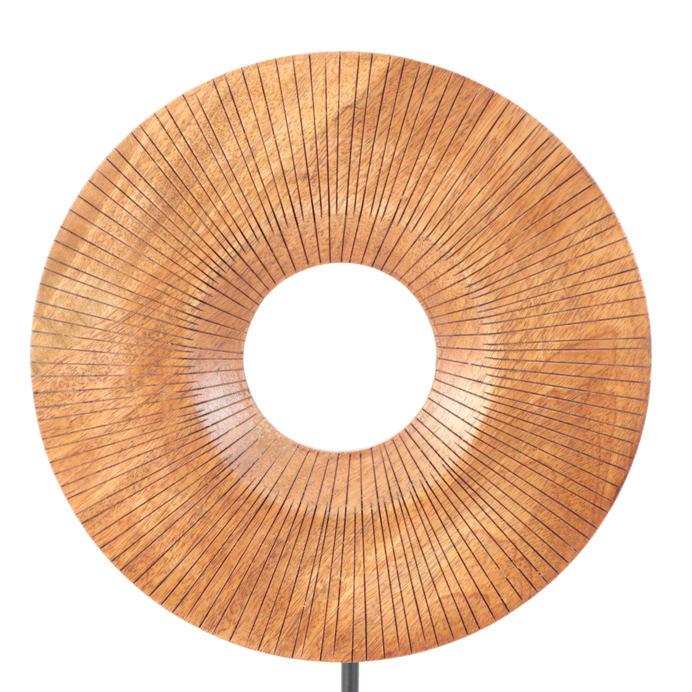 Modern Abstract Hand-Carved Mango Wood Ring with Metal Stand