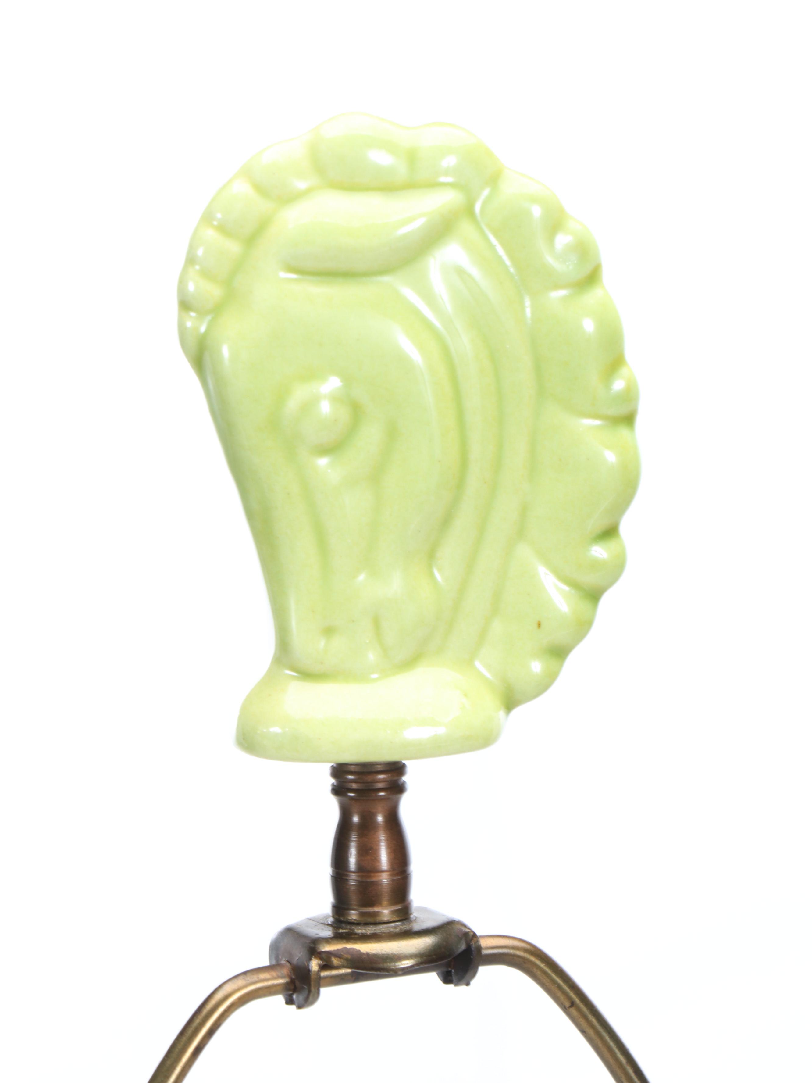 Mid Century Modern Stallion Head Chartreuse Ceramic Table Lamp, Vintage