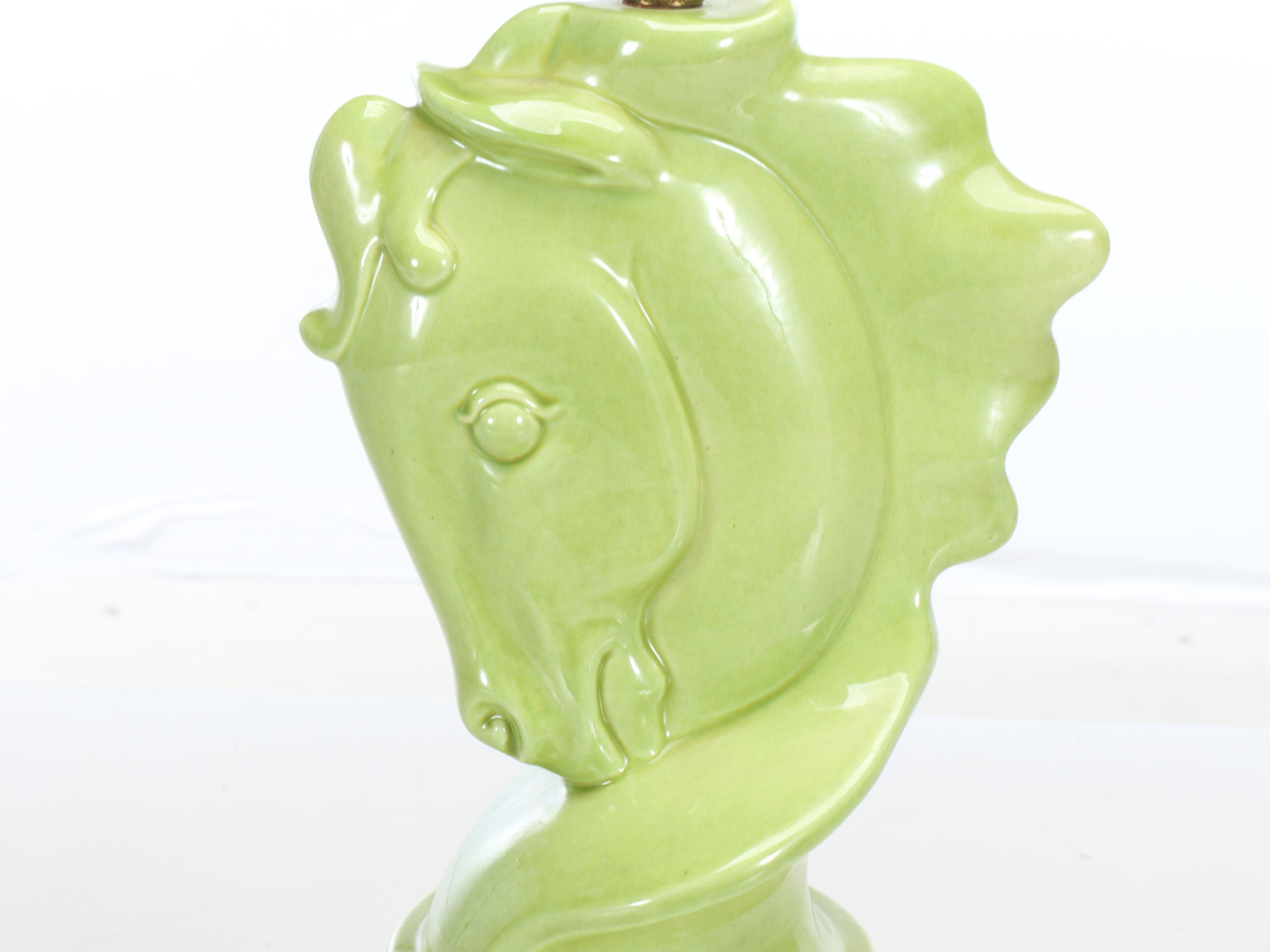 Mid Century Modern Stallion Head Chartreuse Ceramic Table Lamp, Vintage