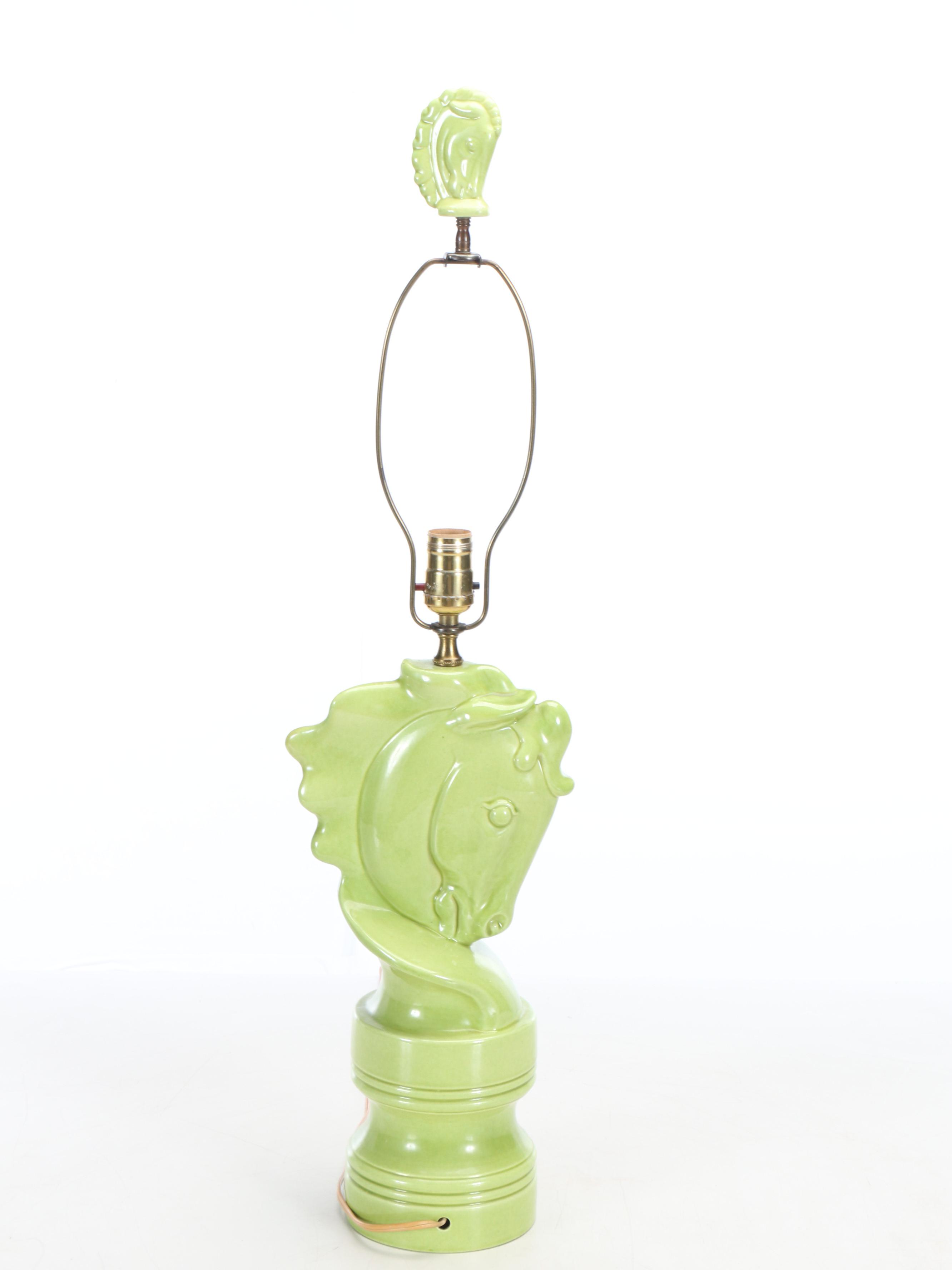 Mid Century Modern Stallion Head Chartreuse Ceramic Table Lamp, Vintage