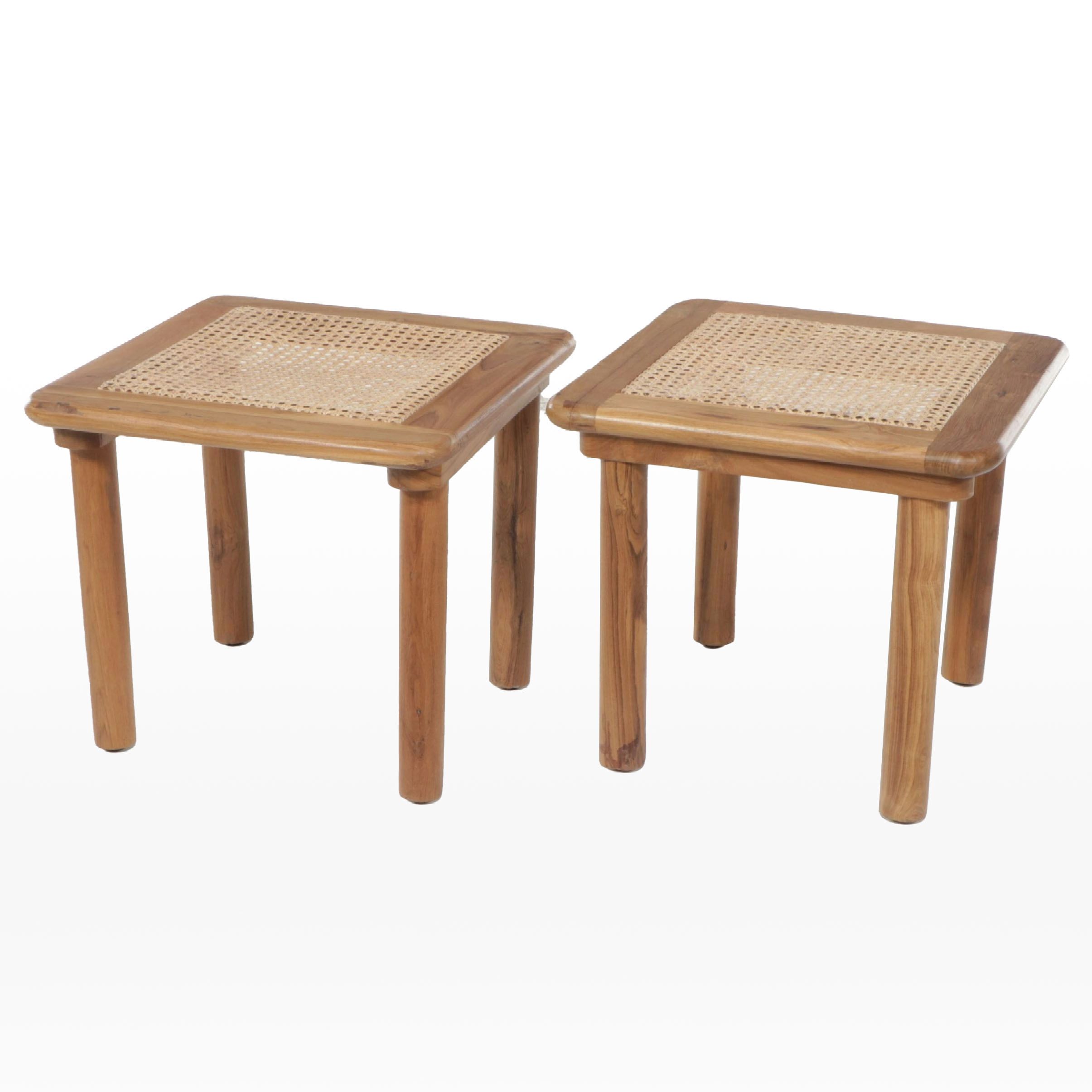 Pair of Contemporary Caned Wood End Tables