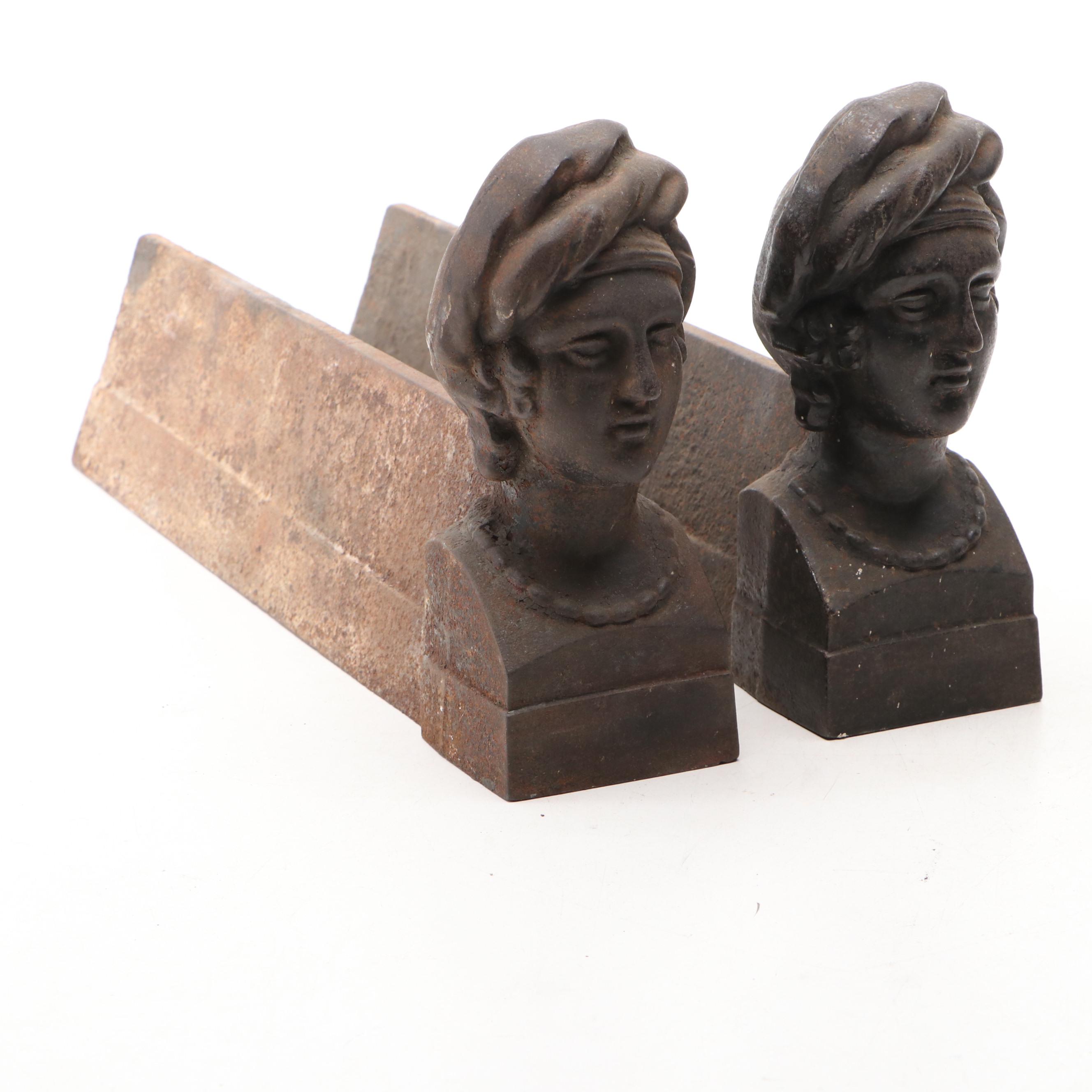 Pair of French Style Cast Iron Bust Andirons, 19th Century