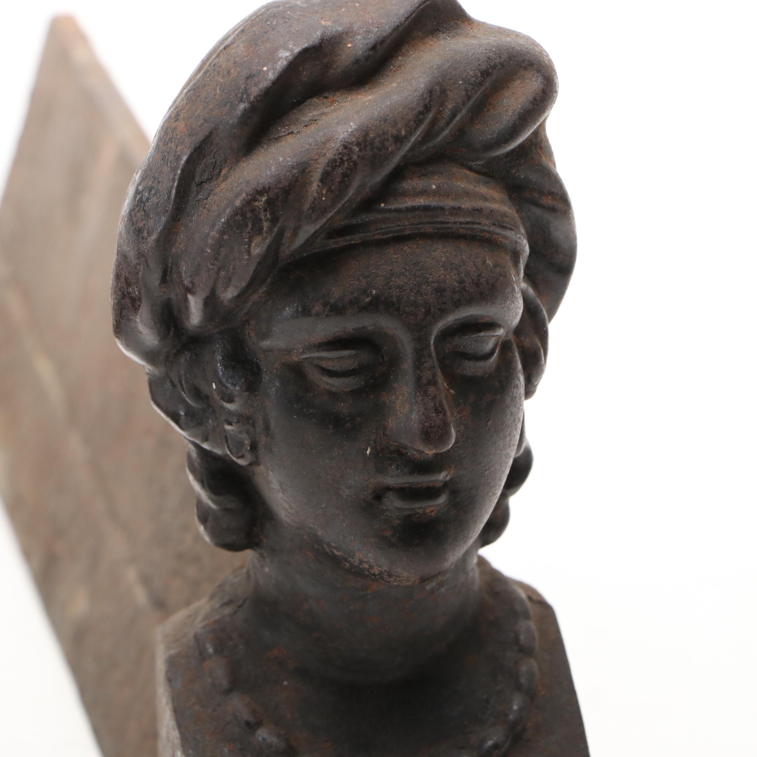 Pair of French Style Cast Iron Bust Andirons, 19th Century