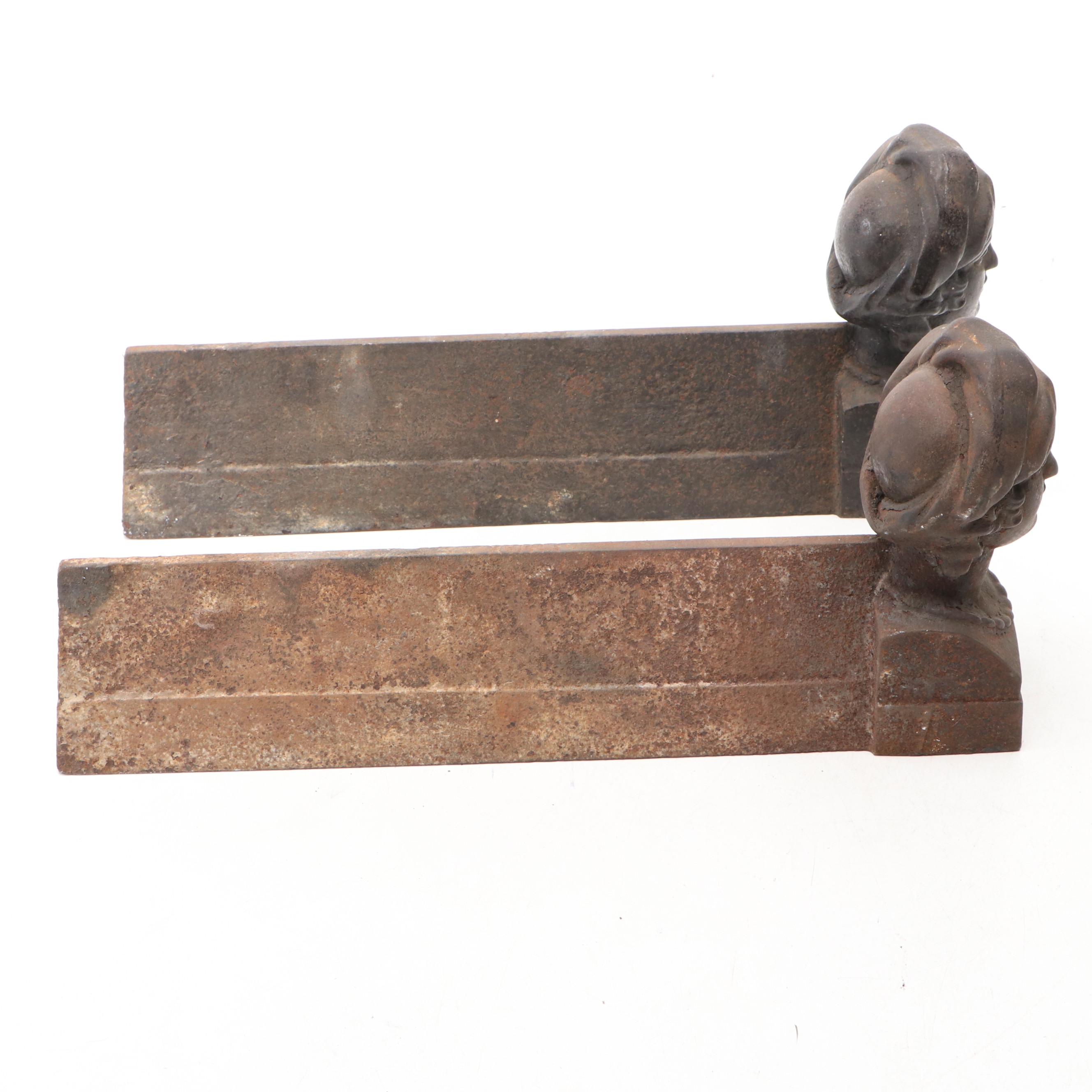 Pair of French Style Cast Iron Bust Andirons, 19th Century