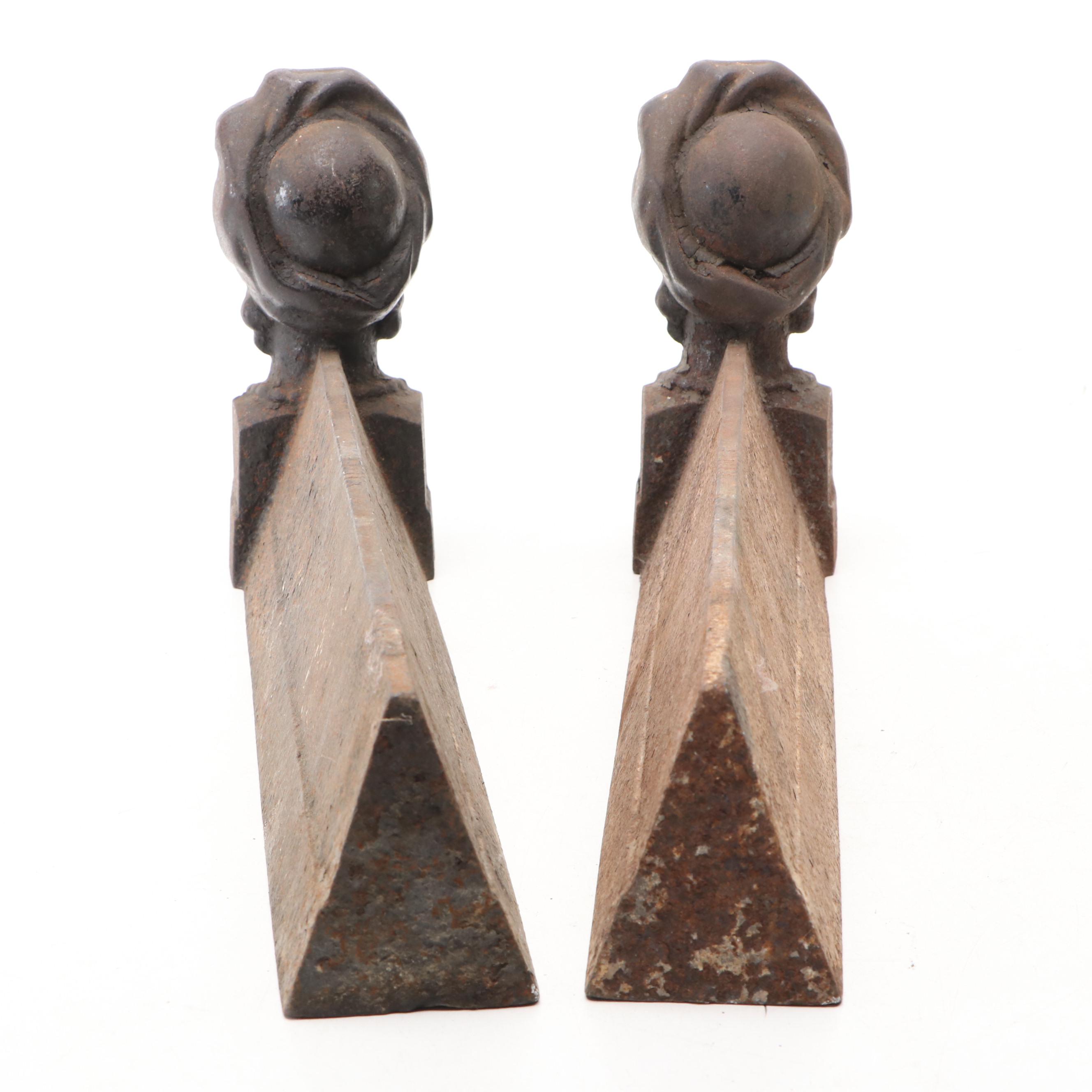 Pair of French Style Cast Iron Bust Andirons, 19th Century