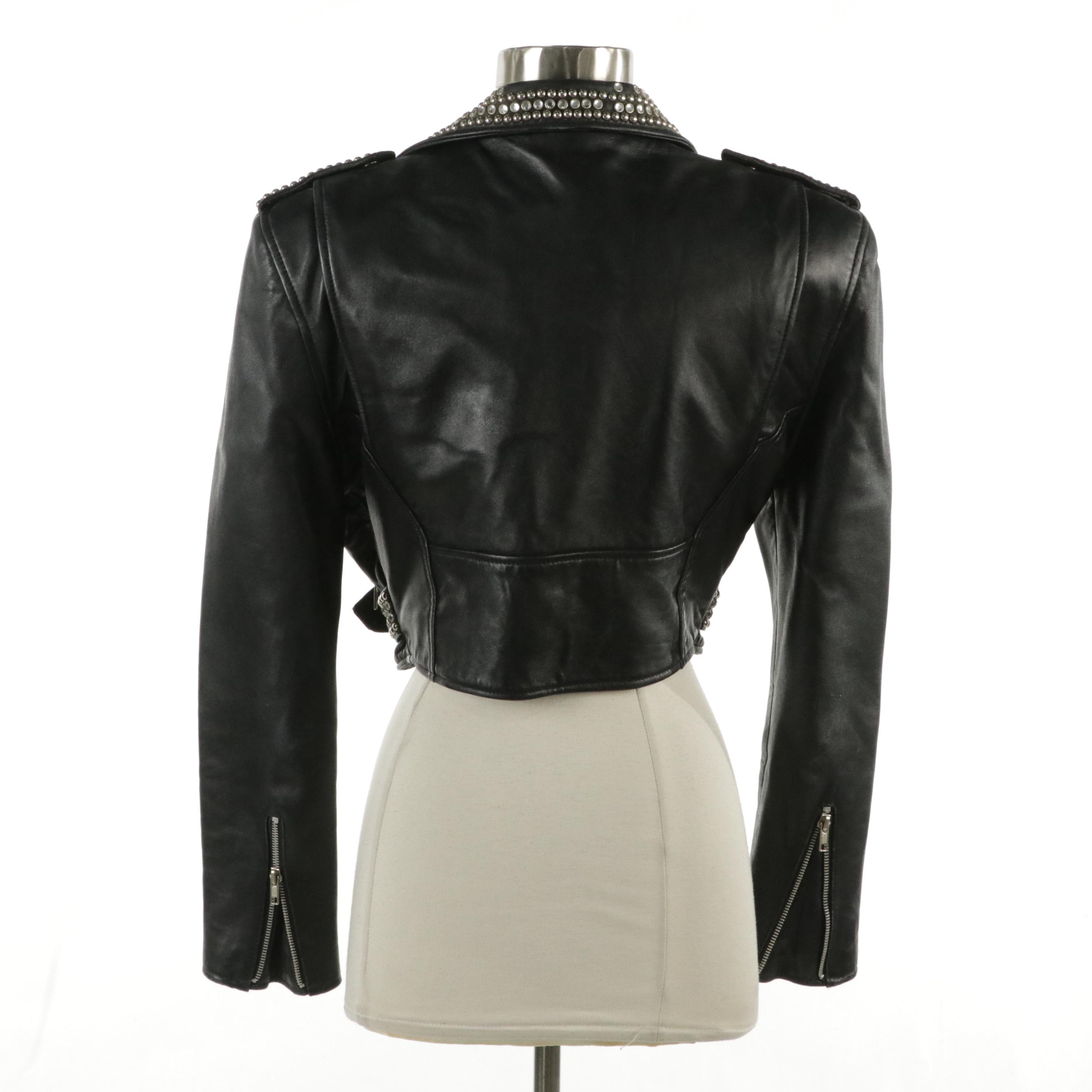 L.A. Roxx Studded Black Leather Cropped Moto Jacket