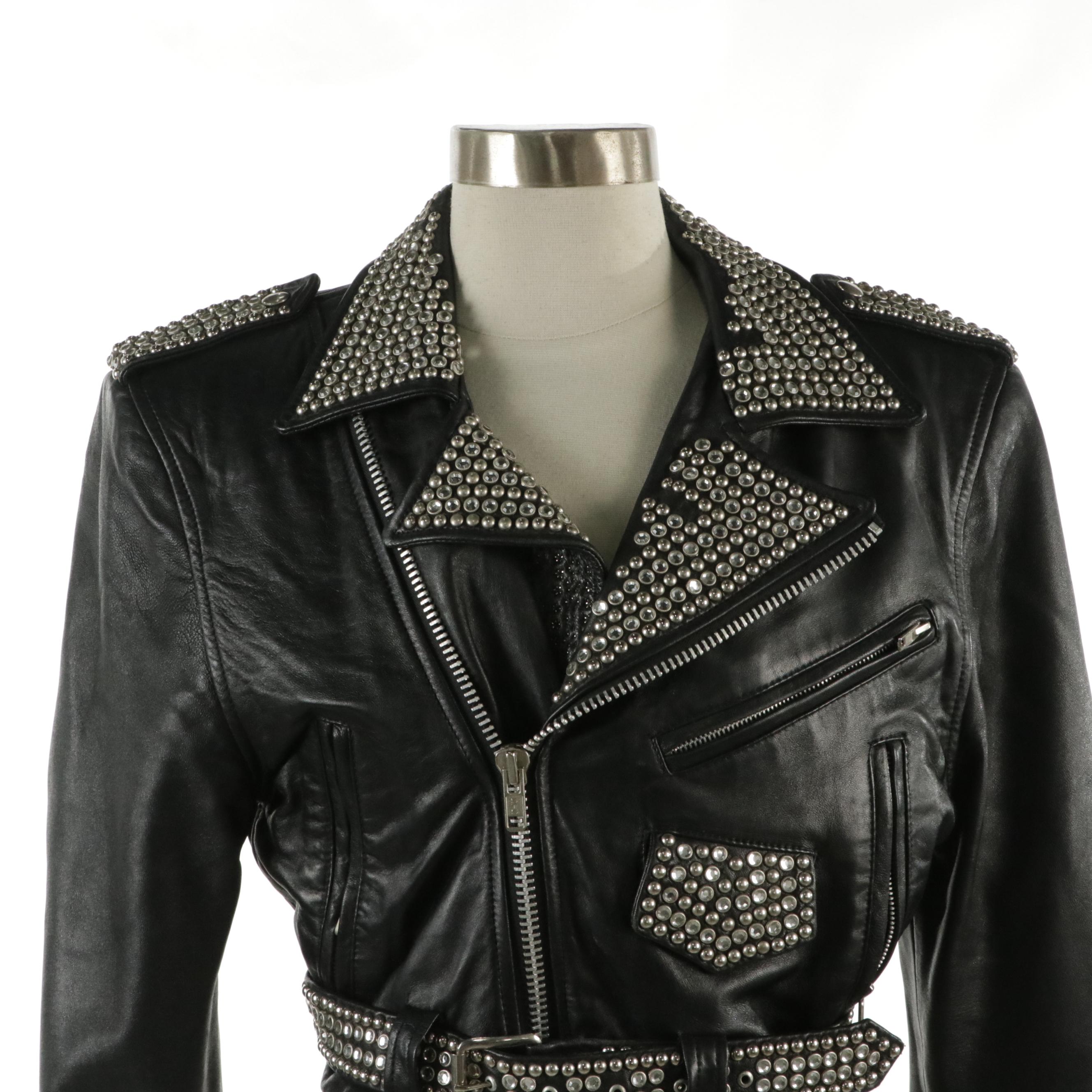 L.A. Roxx Studded Black Leather Cropped Moto Jacket