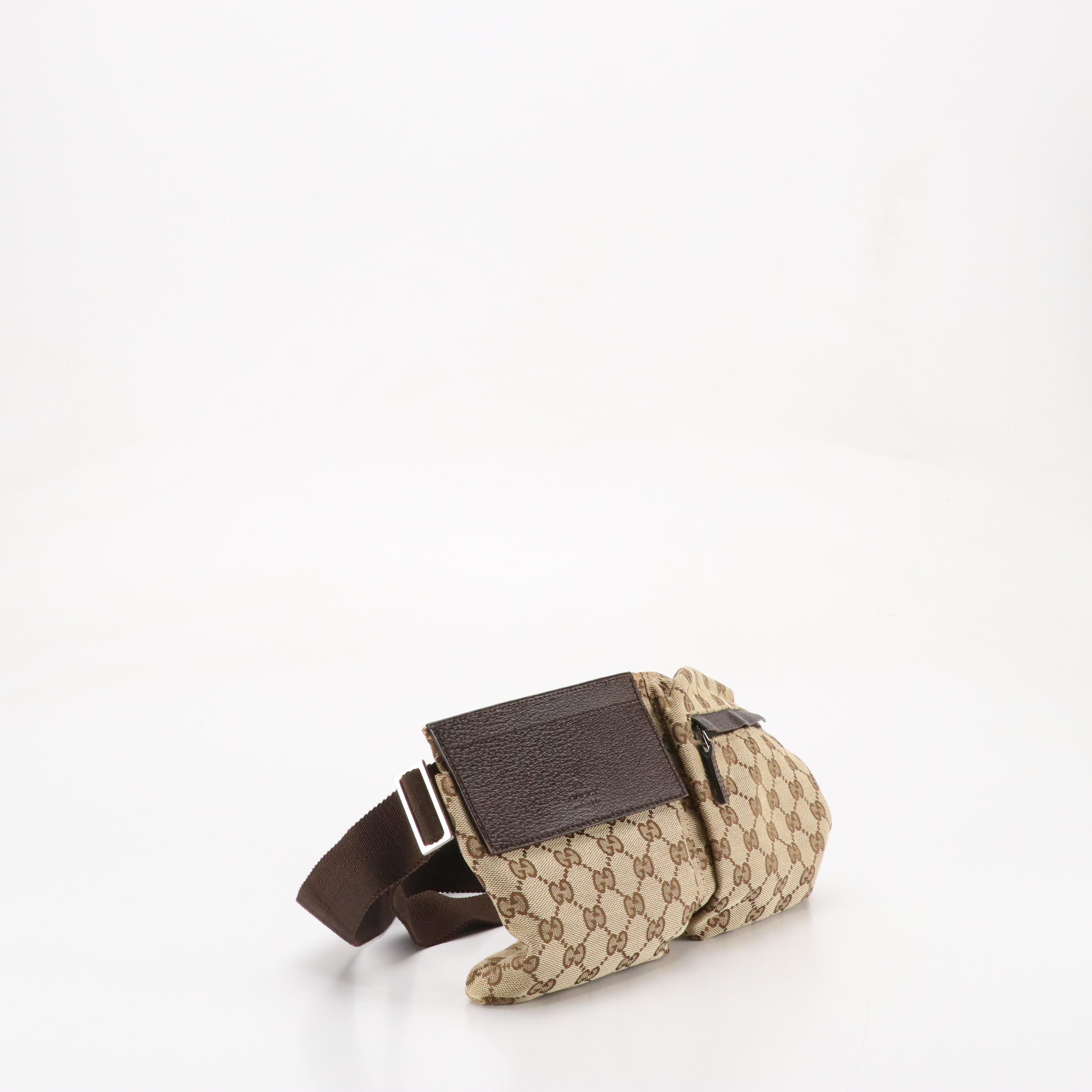 Gucci Double Pocket Belt Bag in Monogram Canvas and Leather Trim