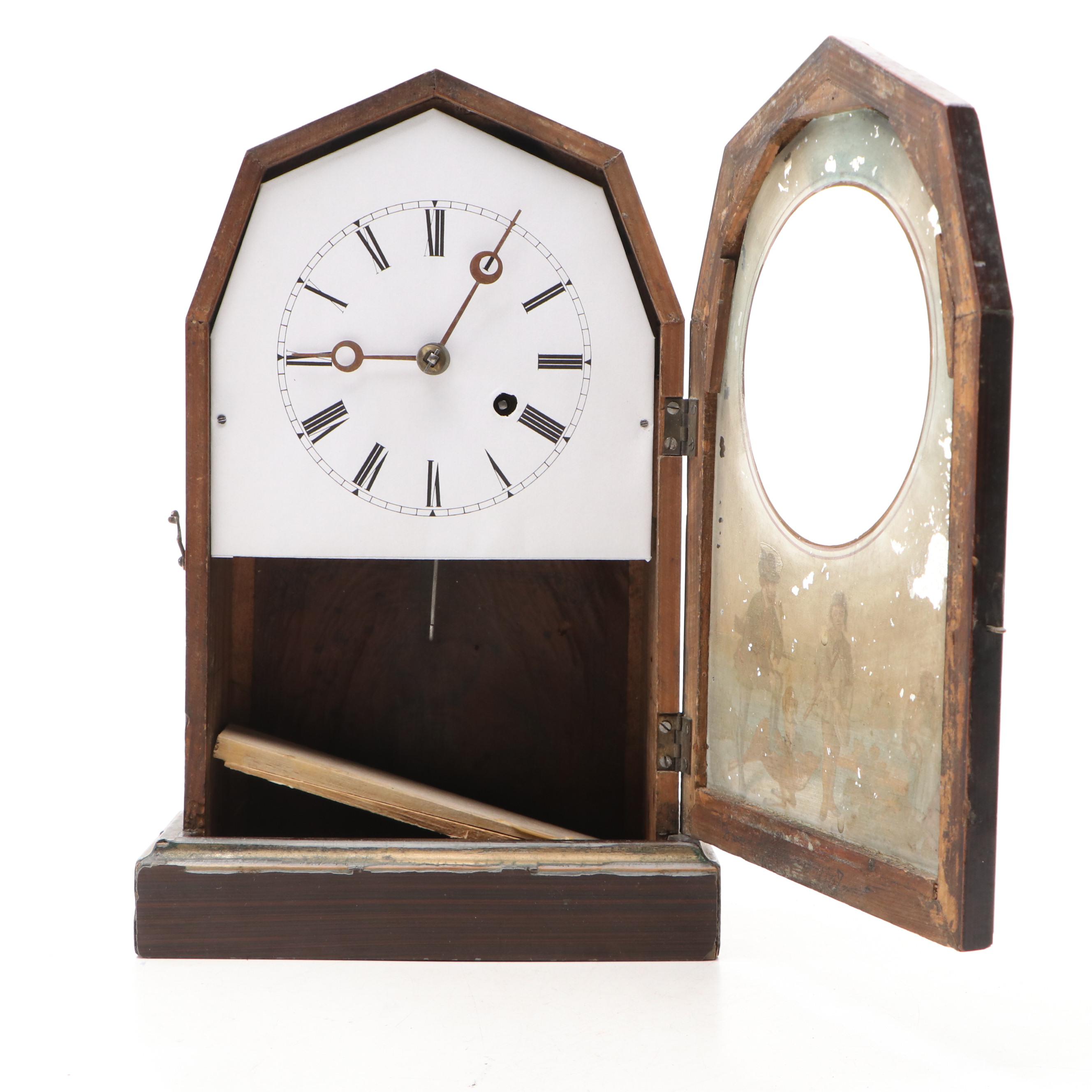 Wooden Mantel Clock with Hunting Scene, Late 19th Century