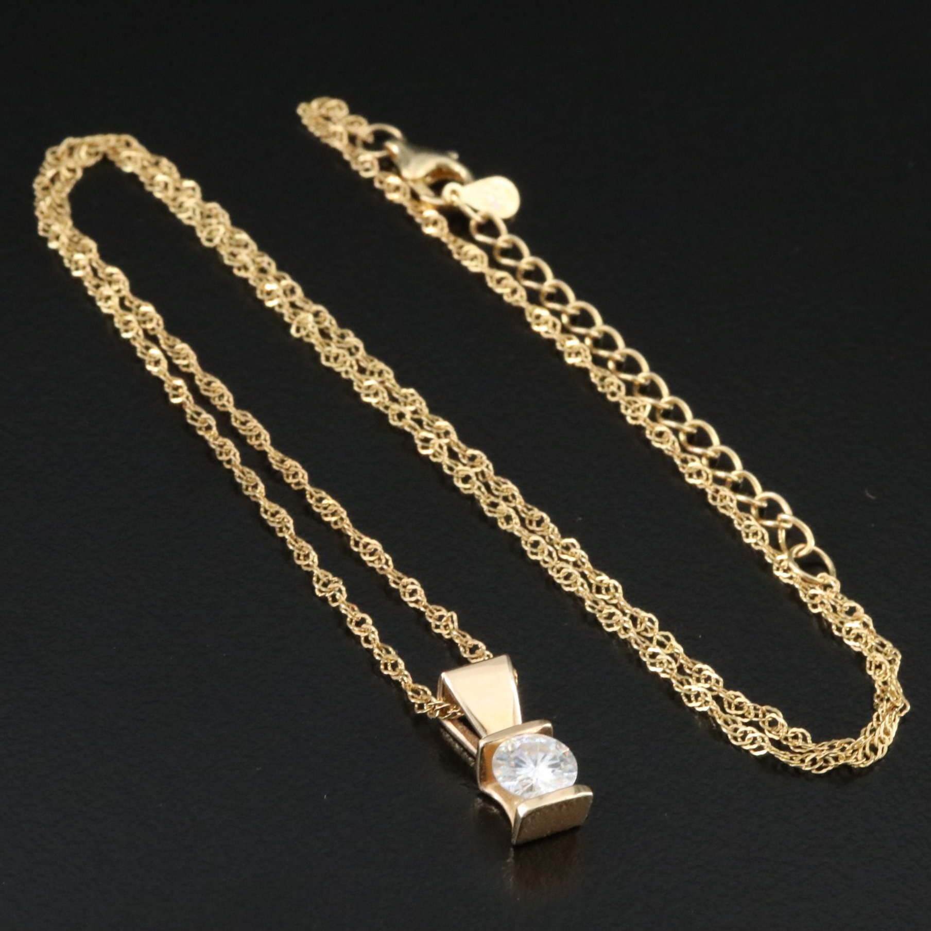 14K Moissanite Solitaire Pendant on Sterling Singapore Necklace