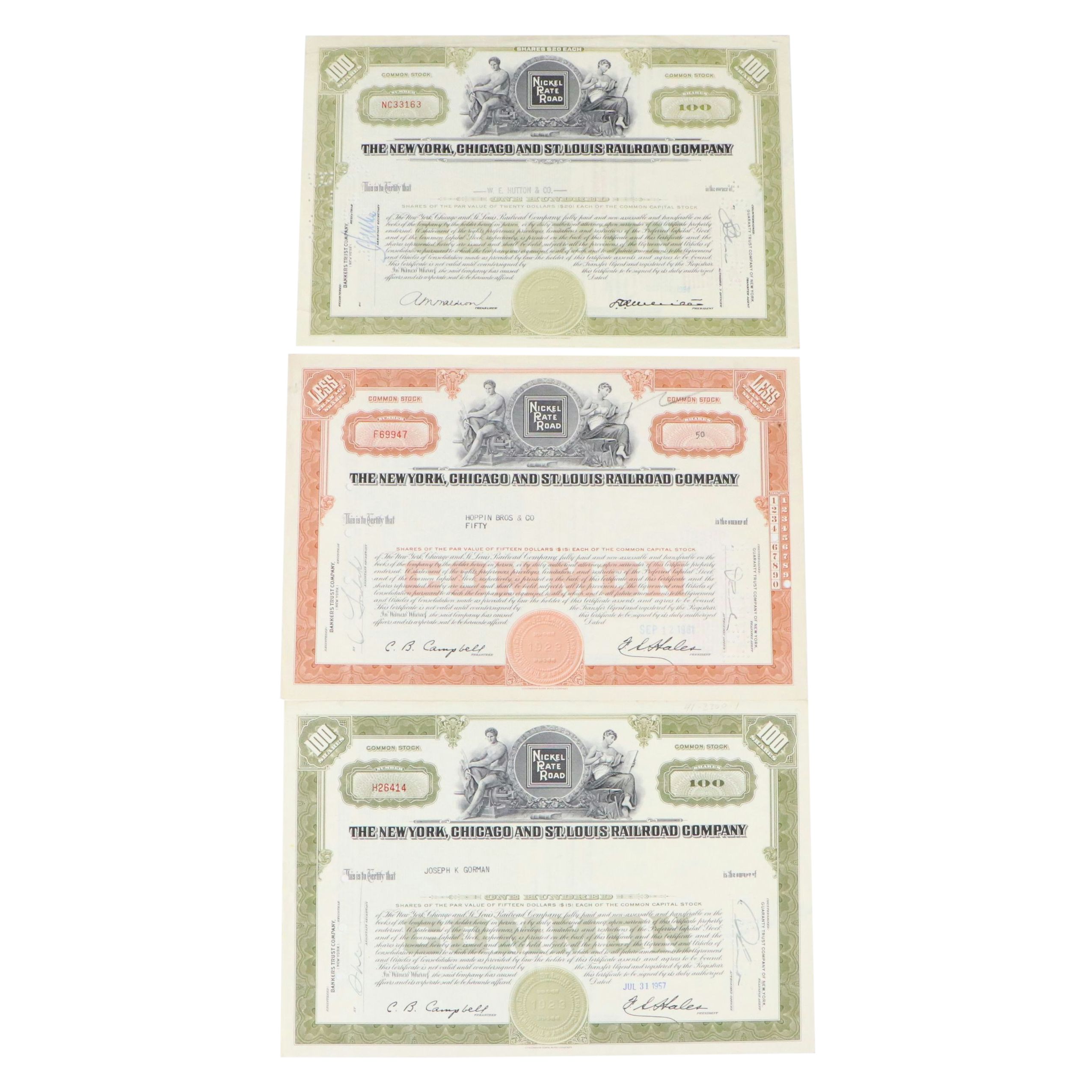 New York, Chicago and St. Louis Railroad Company Stock Certificates, Mid-20th C.